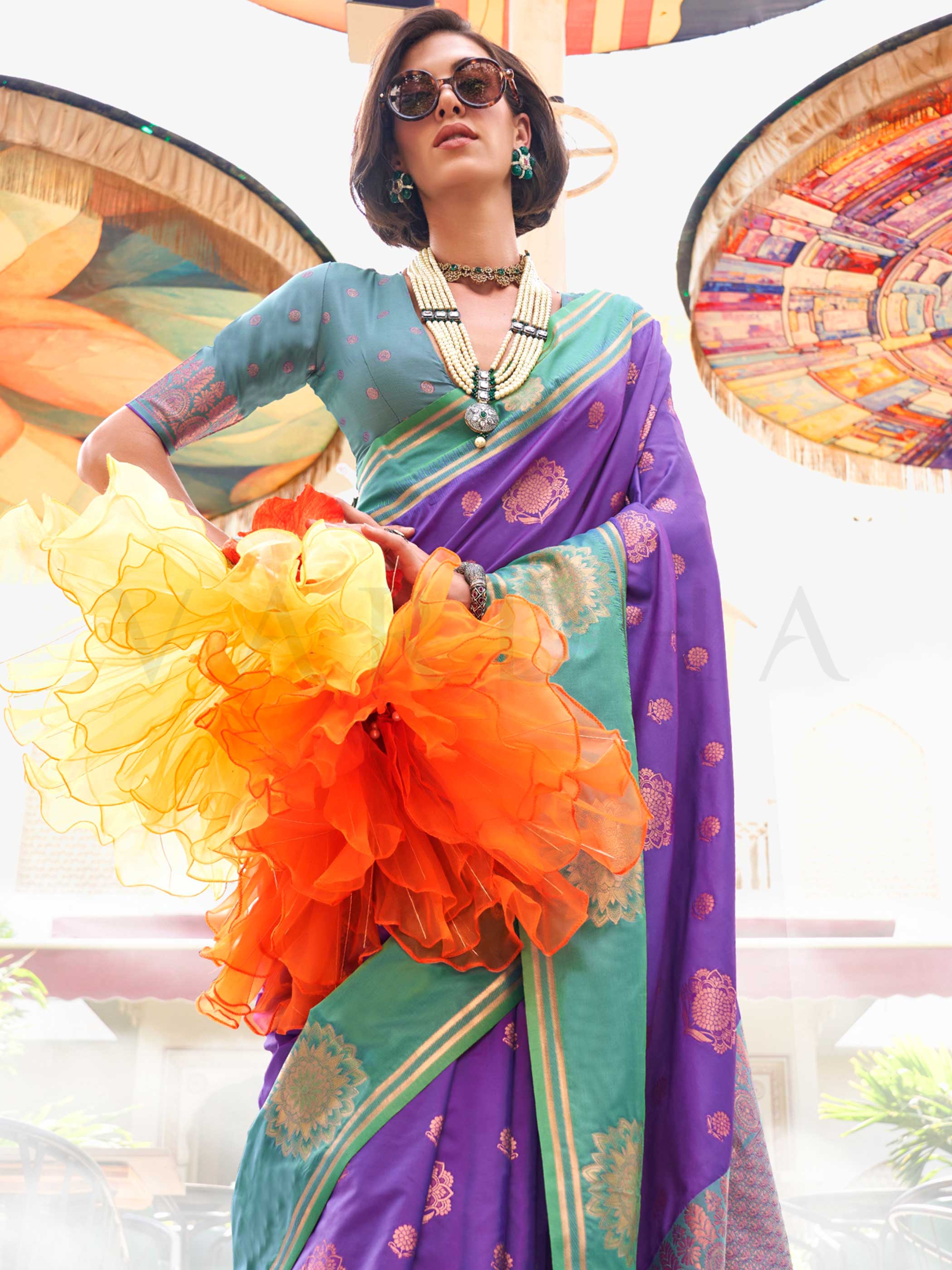 Purple Two-Tone Satin Silk Saree with Woven Zari - Image 2