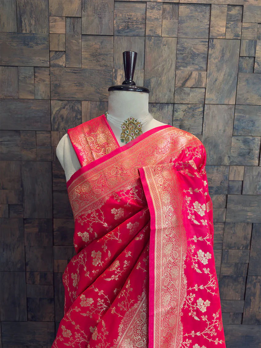 Rani Pink Banarasi Satin Silk Saree with Gold Zari - Image 2