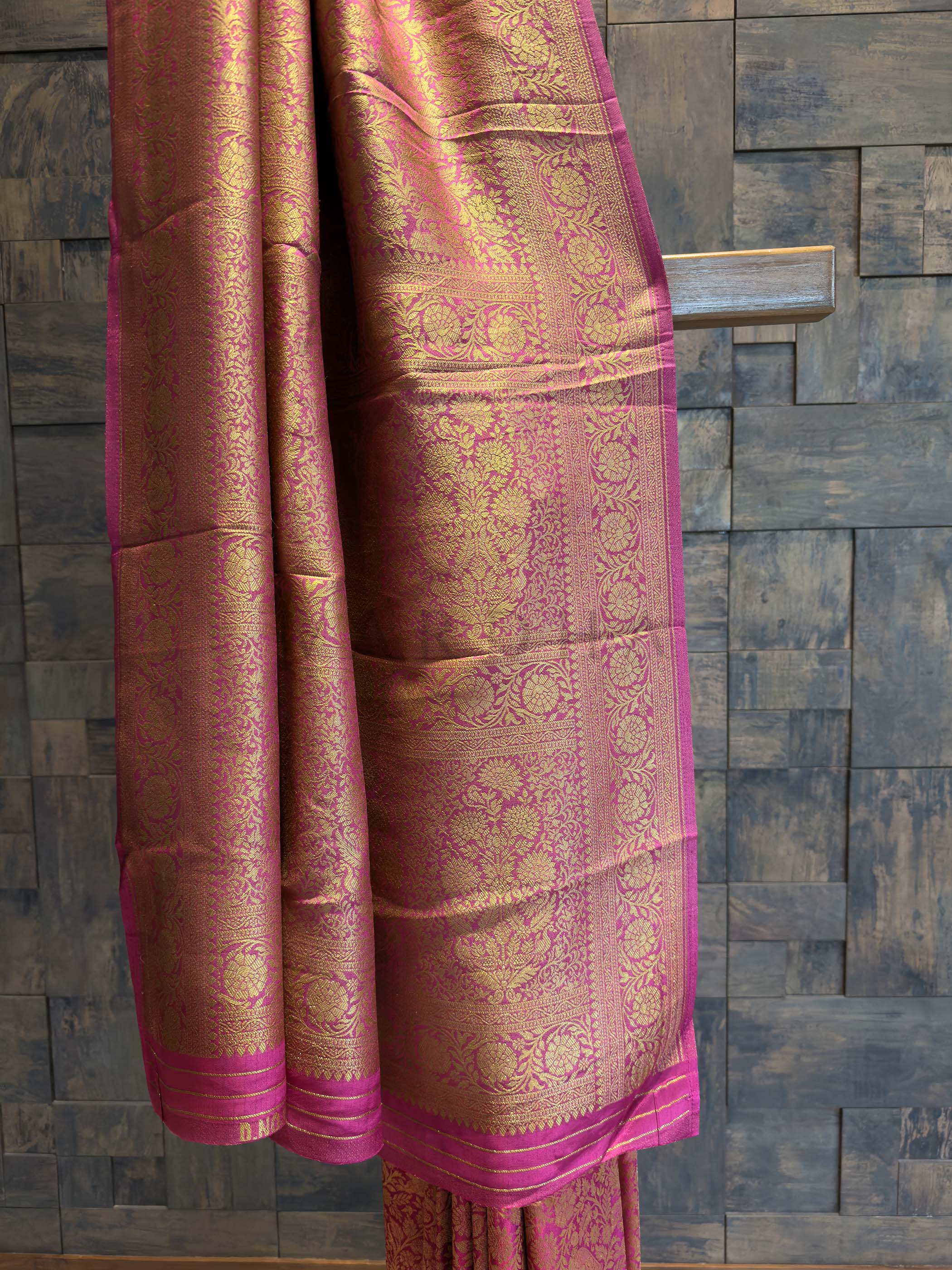 Rani-Pink Golden Zari Pure Mysore Silk Saree - Image 3