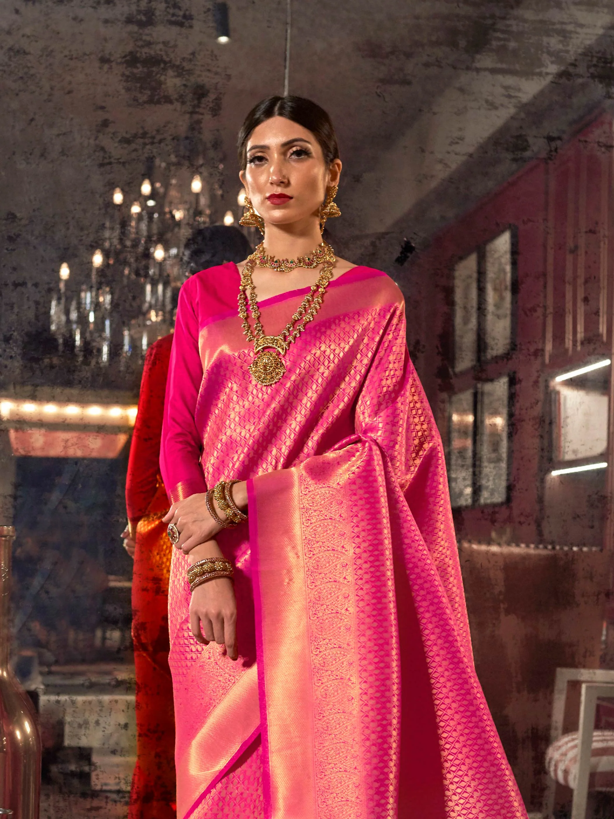 Rani Pink Kanjivaram Silk Saree with Woven Zari Work - Image 2