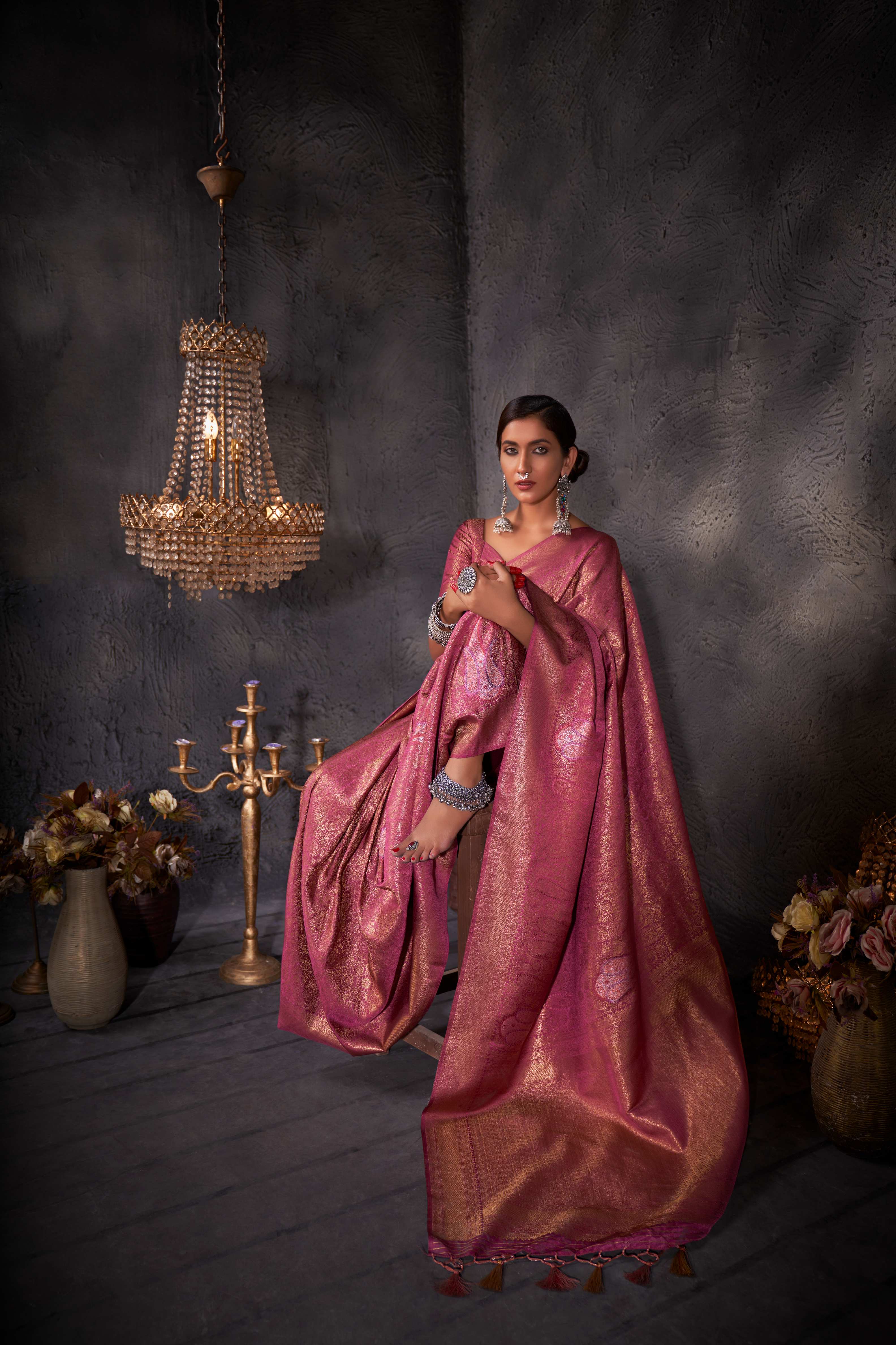 Raspberry Pink Gold with Copper Silver Zari Kanjivaram Silk Saree - Image 5