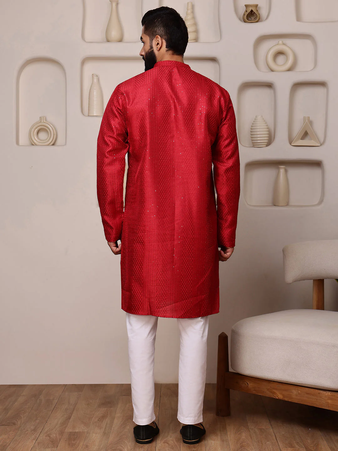 Red Embroidered Kurta with Sequins - Image 5