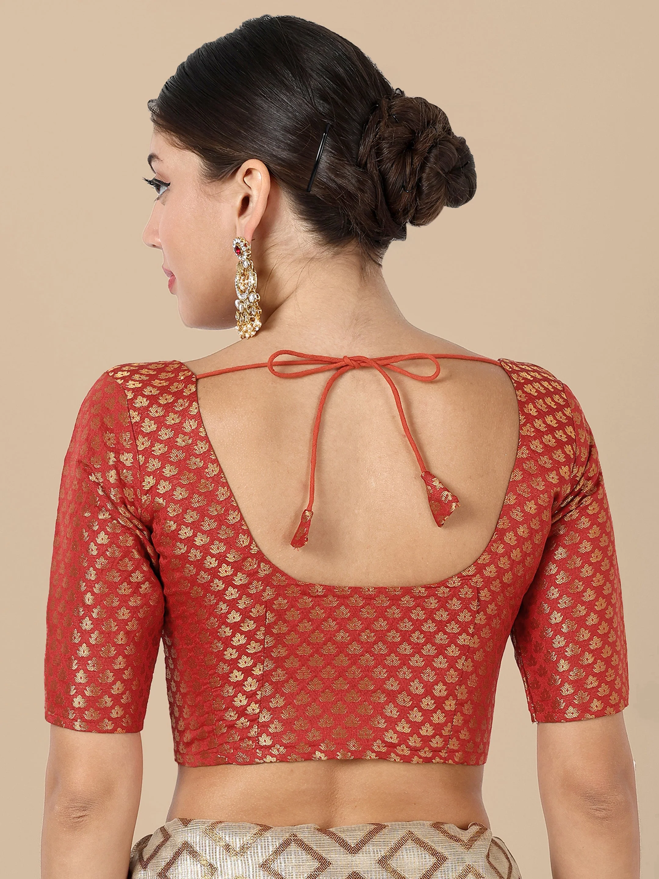Red Round Neck Brocade Blouse - Image 3