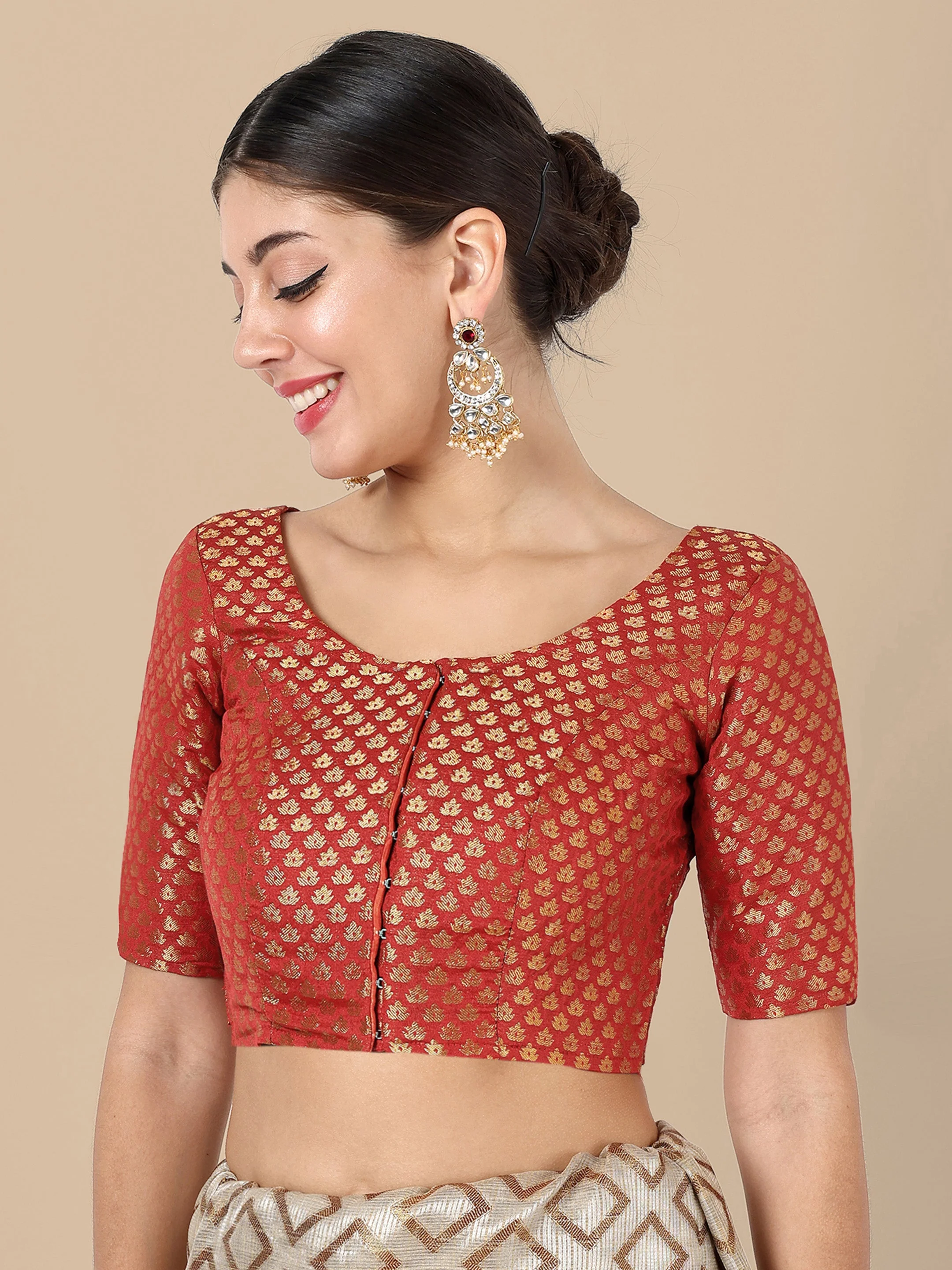 Red Round Neck Brocade Blouse - Image 4
