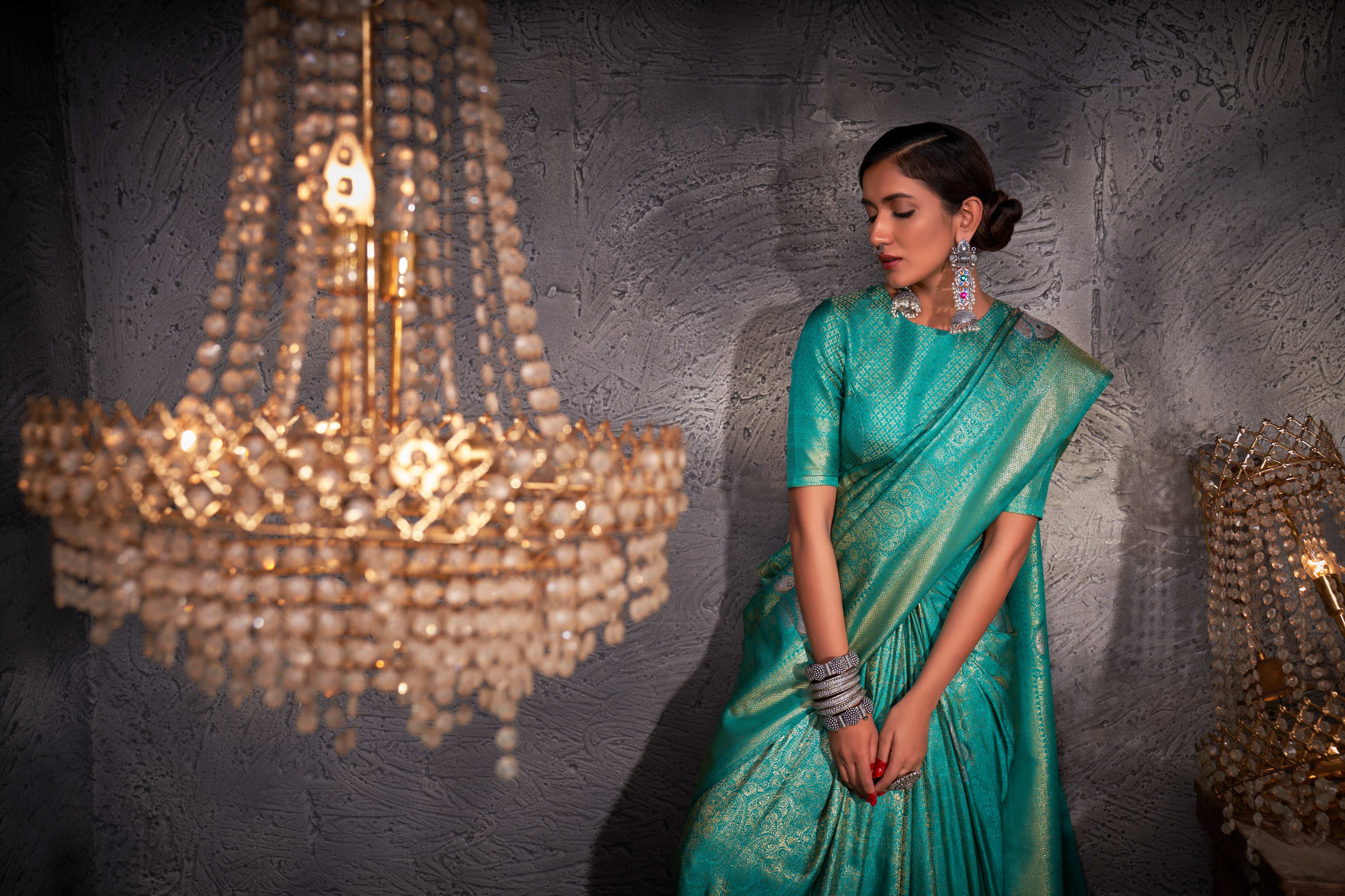 Robin Egg Blue Gold with Copper Silver Zari Kanjivaram Silk Saree - Image 3