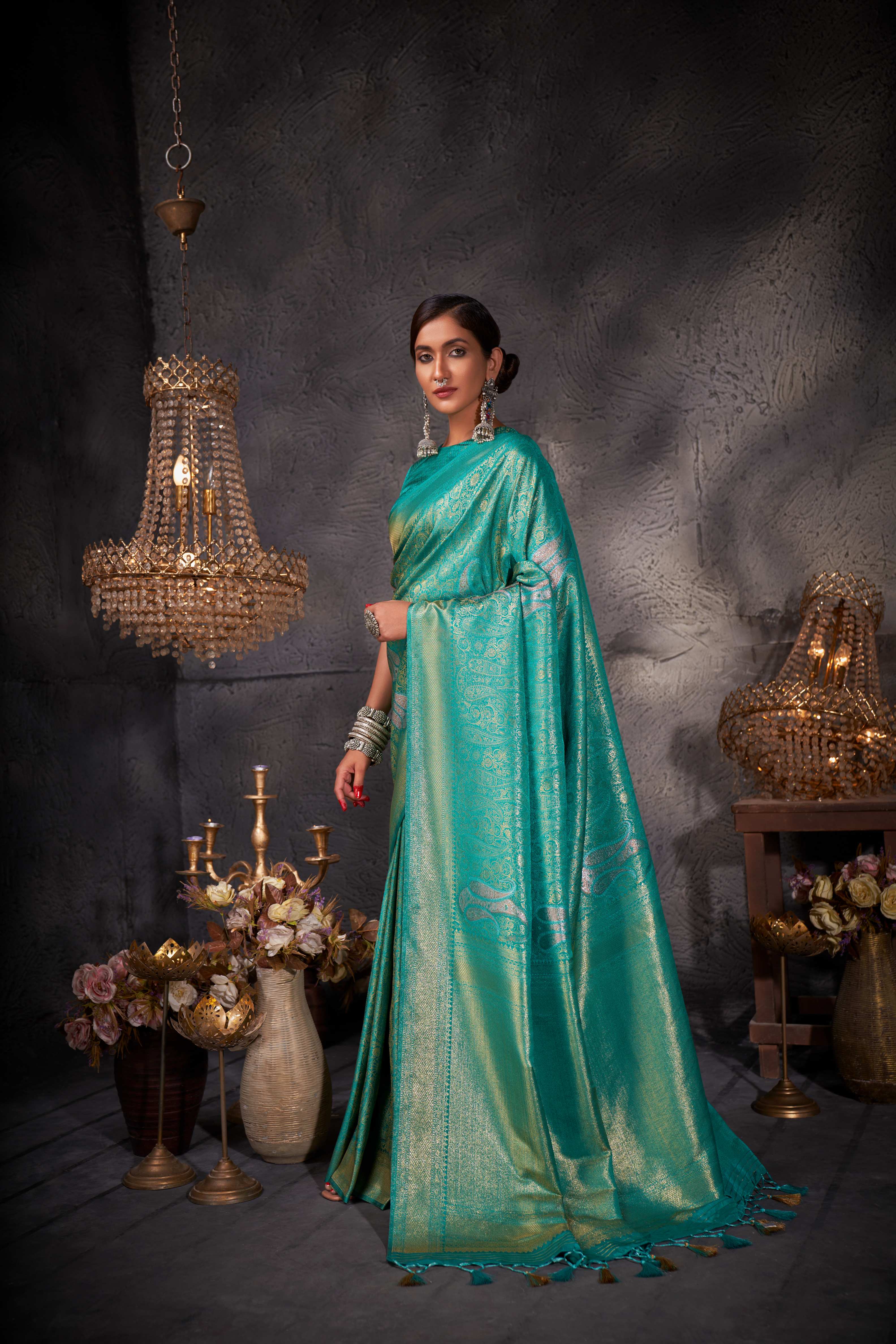 Robin Egg Blue Gold with Copper Silver Zari Kanjivaram Silk Saree - Image 5