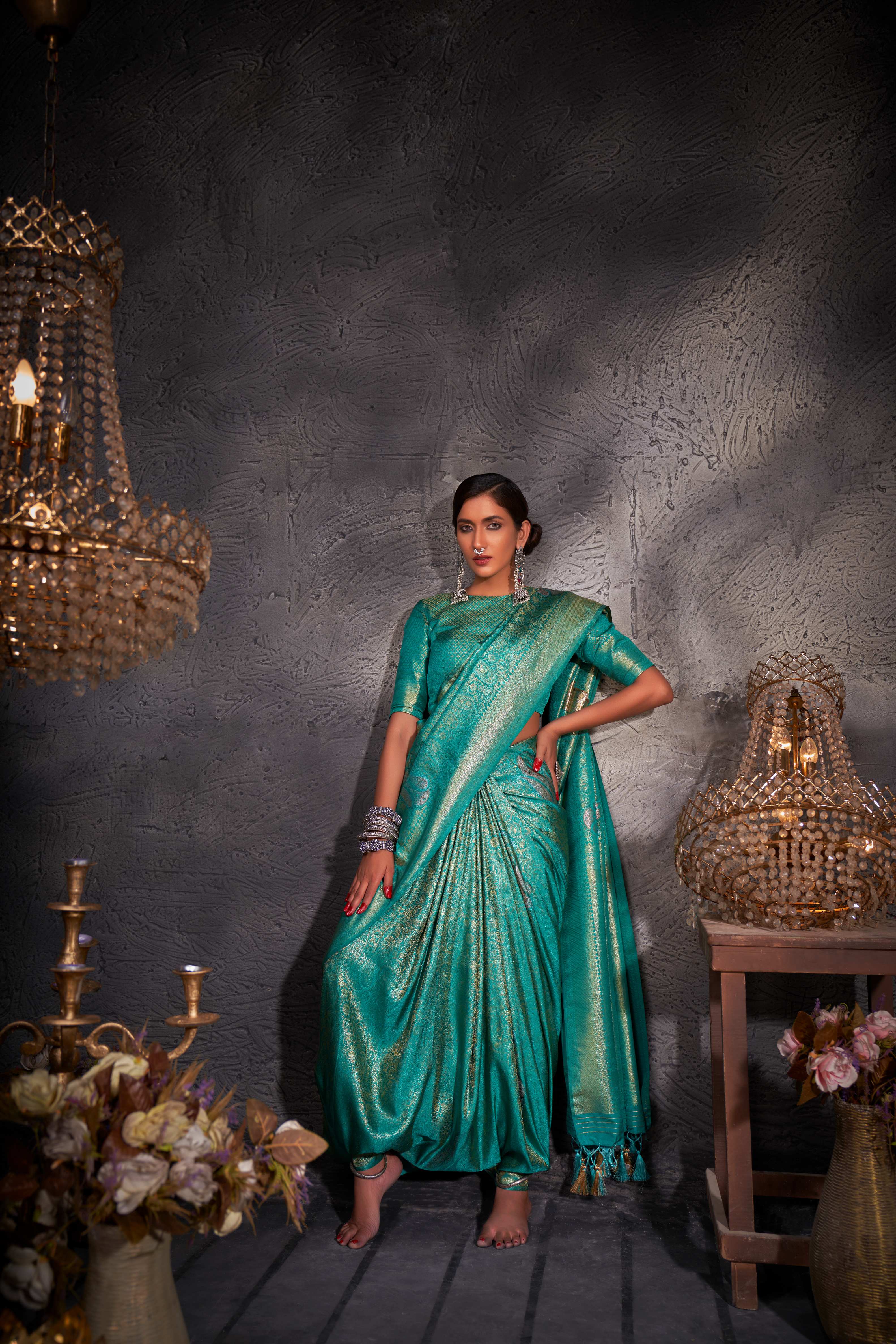 Robin Egg Blue Gold with Copper Silver Zari Kanjivaram Silk Saree - Image 6