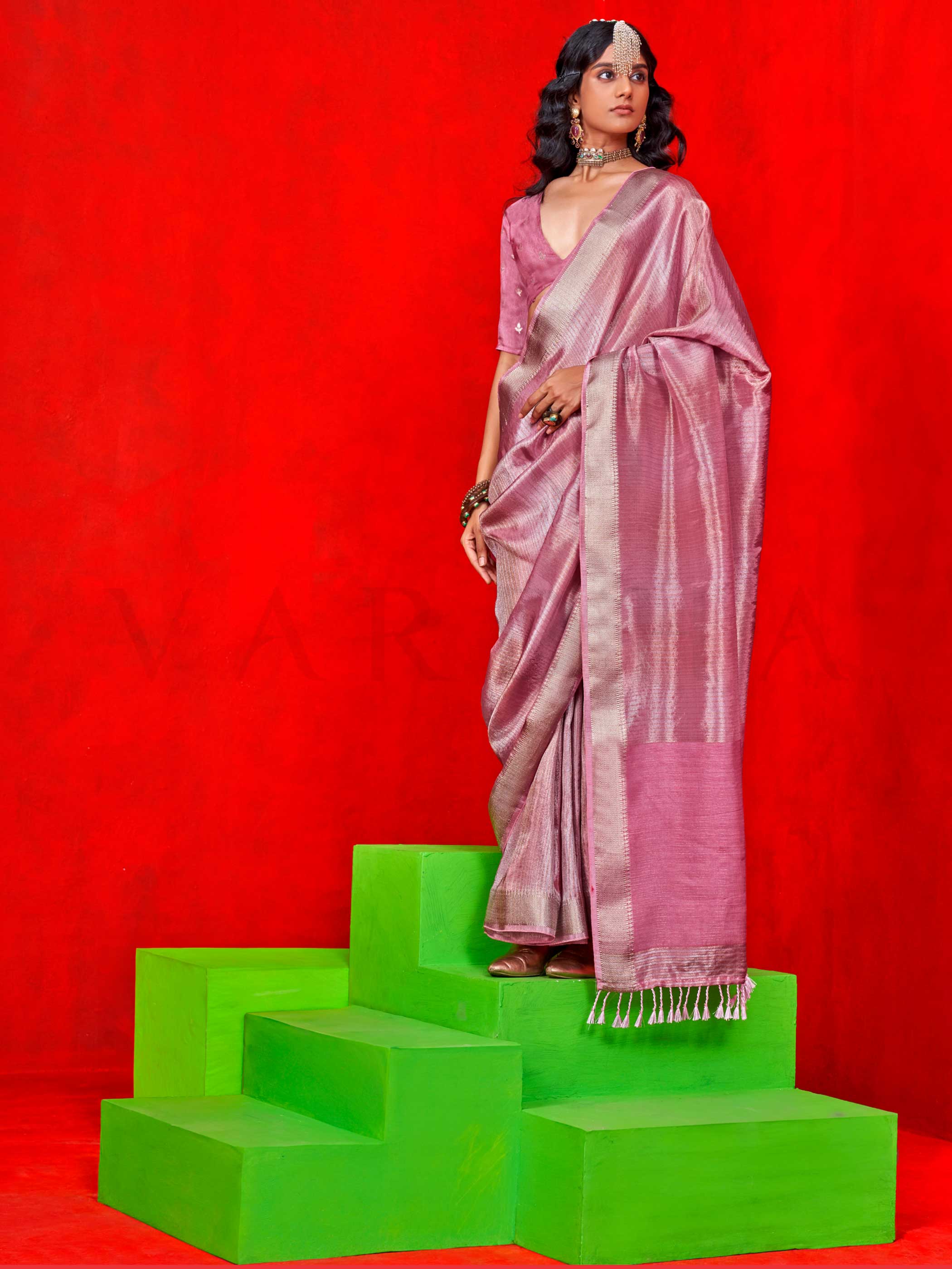 Rose Pink Banarasi Tissue Silk Saree with Viscose Zari Weave