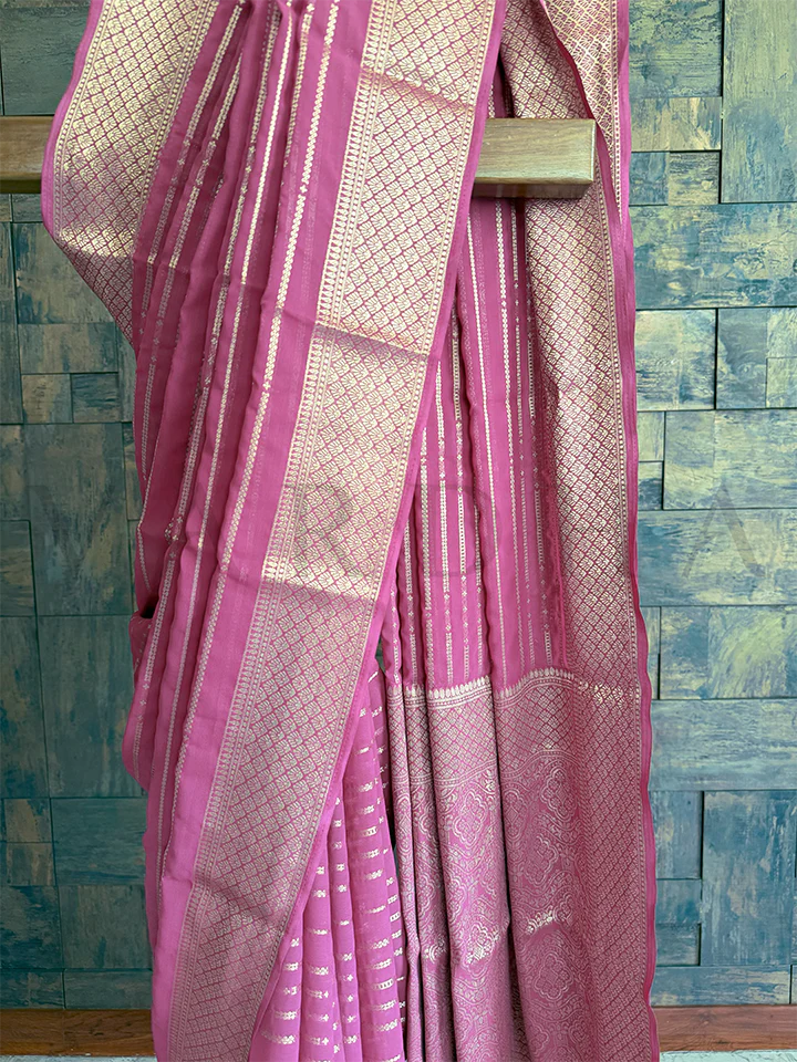 Rose Pink Feather Soft Georgette Saree With Gold Zari - Image 3