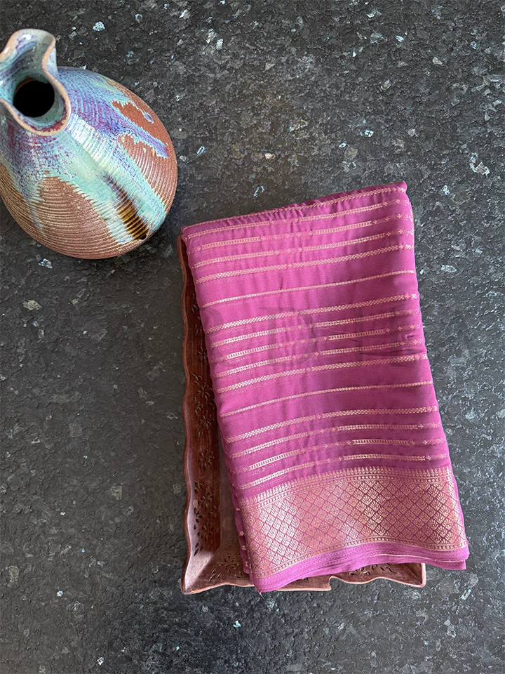 Rose Pink Feather Soft Georgette Saree With Gold Zari - Image 4