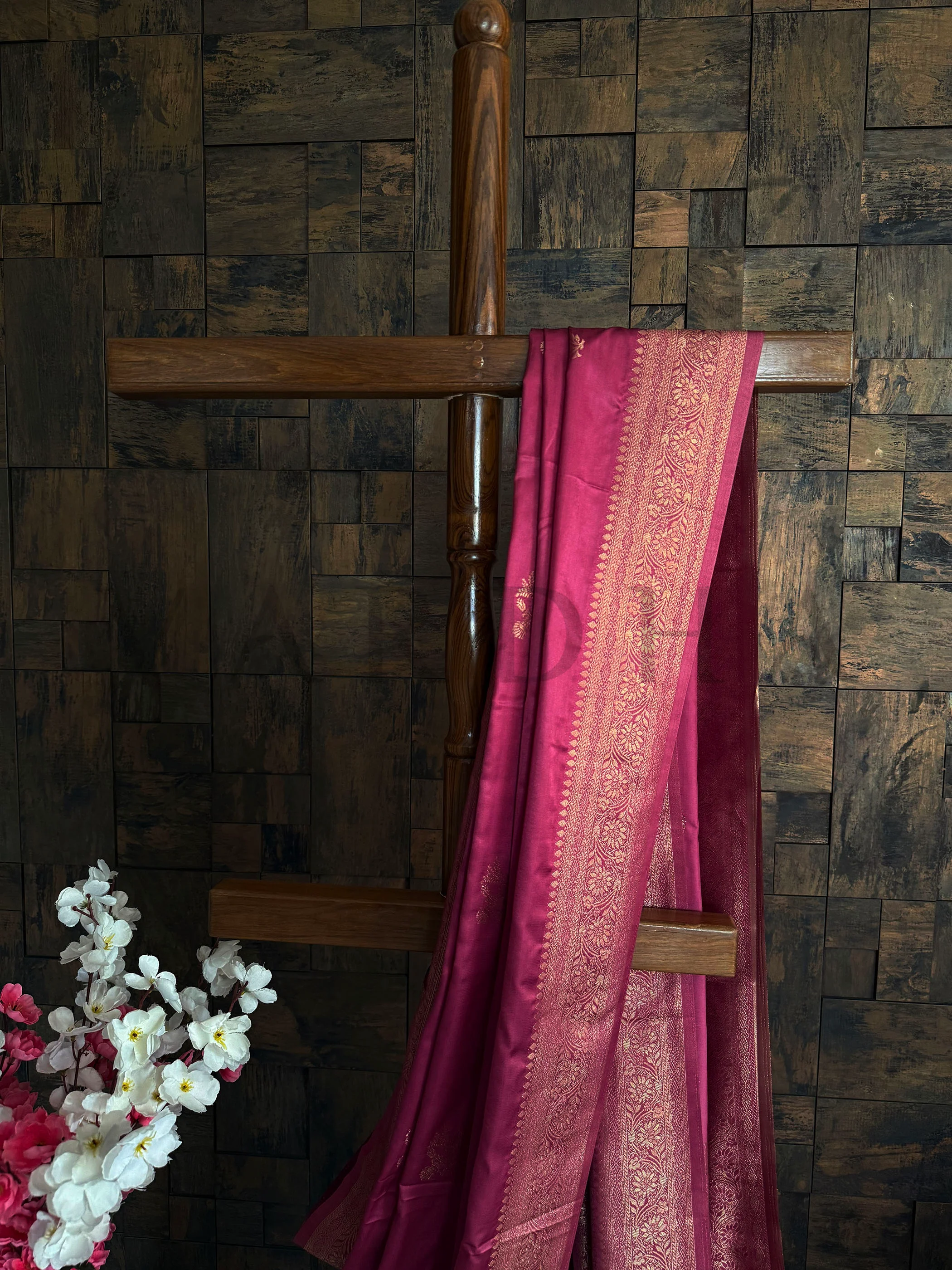 Rose Pink Satin Saree with Antique Gold Zari Floral Motifs & Border - Image 2