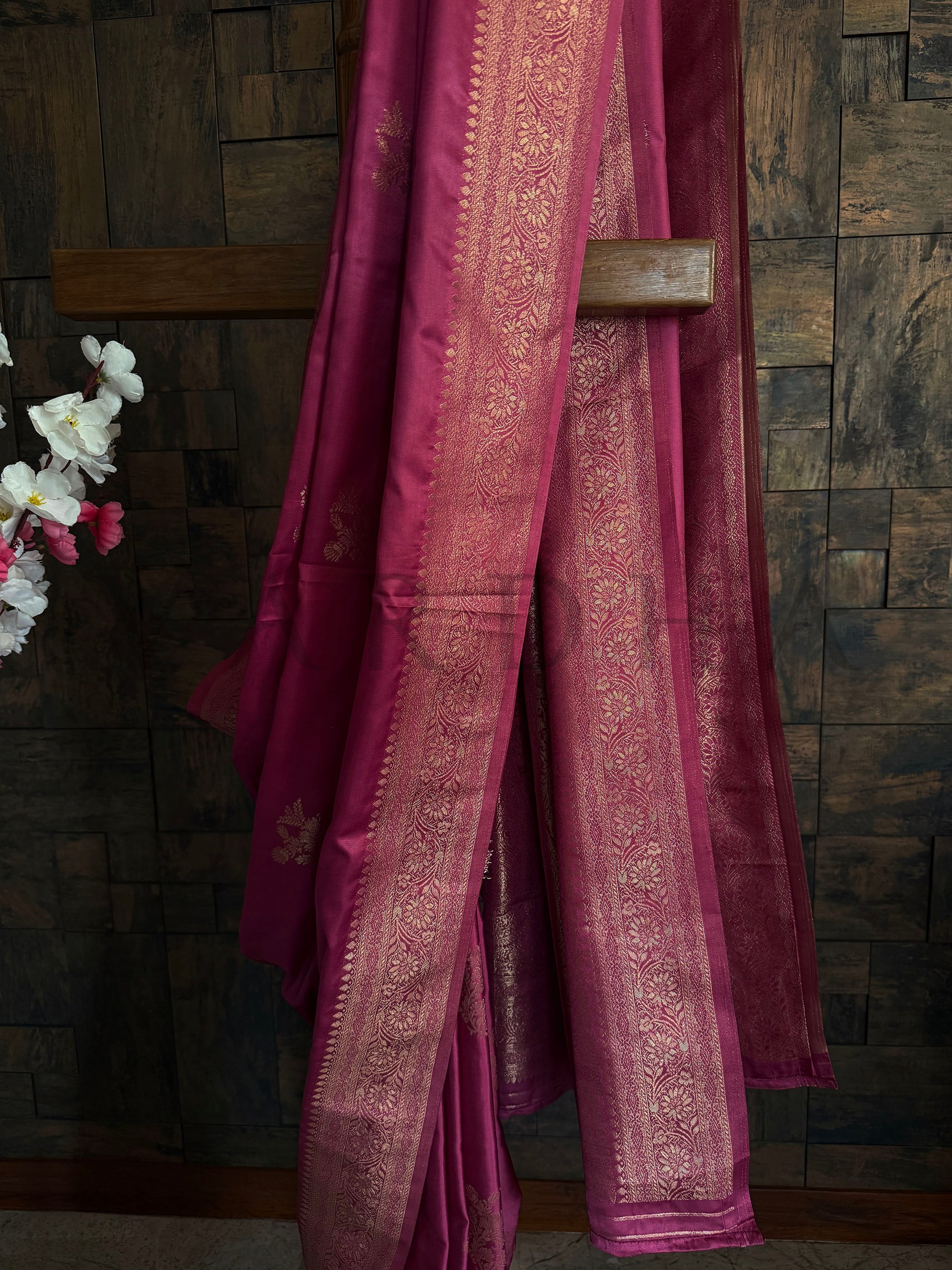 Rose Pink Satin Saree with Antique Gold Zari Floral Motifs & Border - Image 3