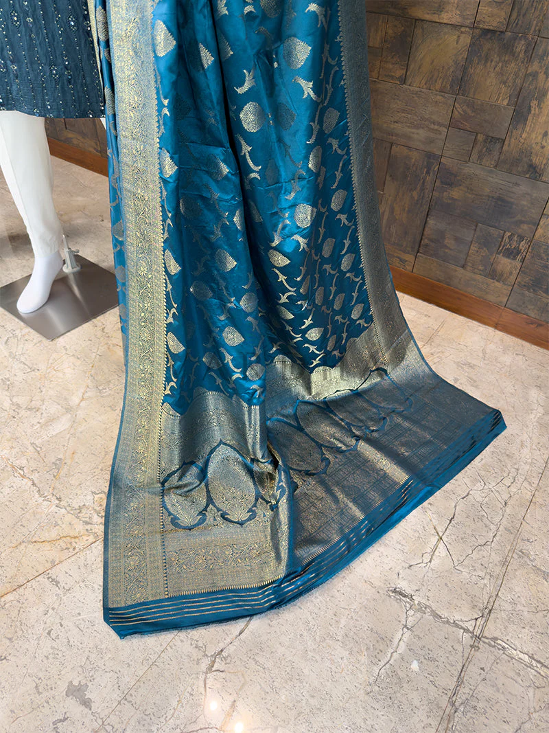 Royal Blue Banarasi Satin Silk Saree & Mirror Work Kurta Ethnic Couple Set - Image 4