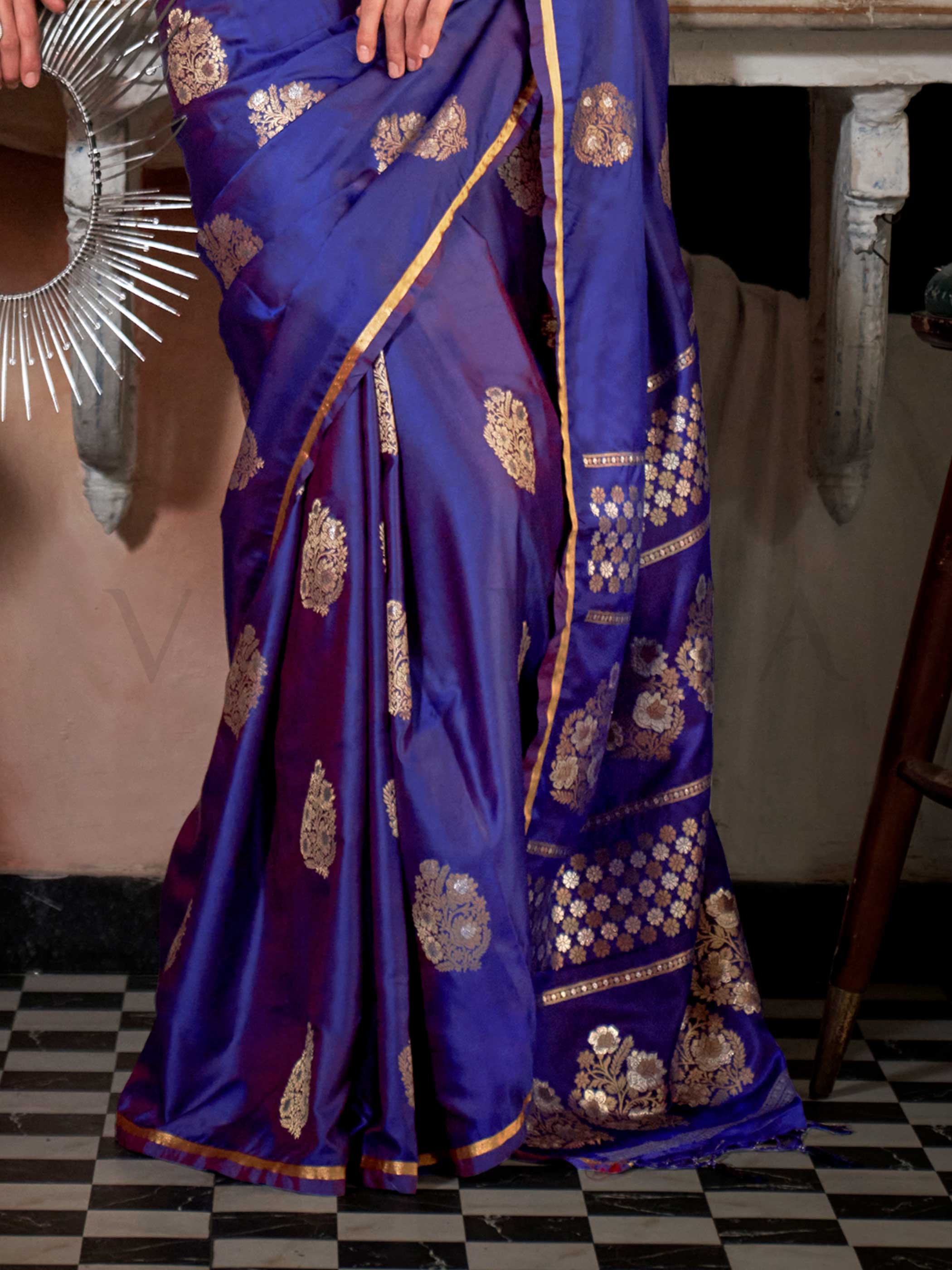 Royal Blue Satin Silk Saree - Image 3