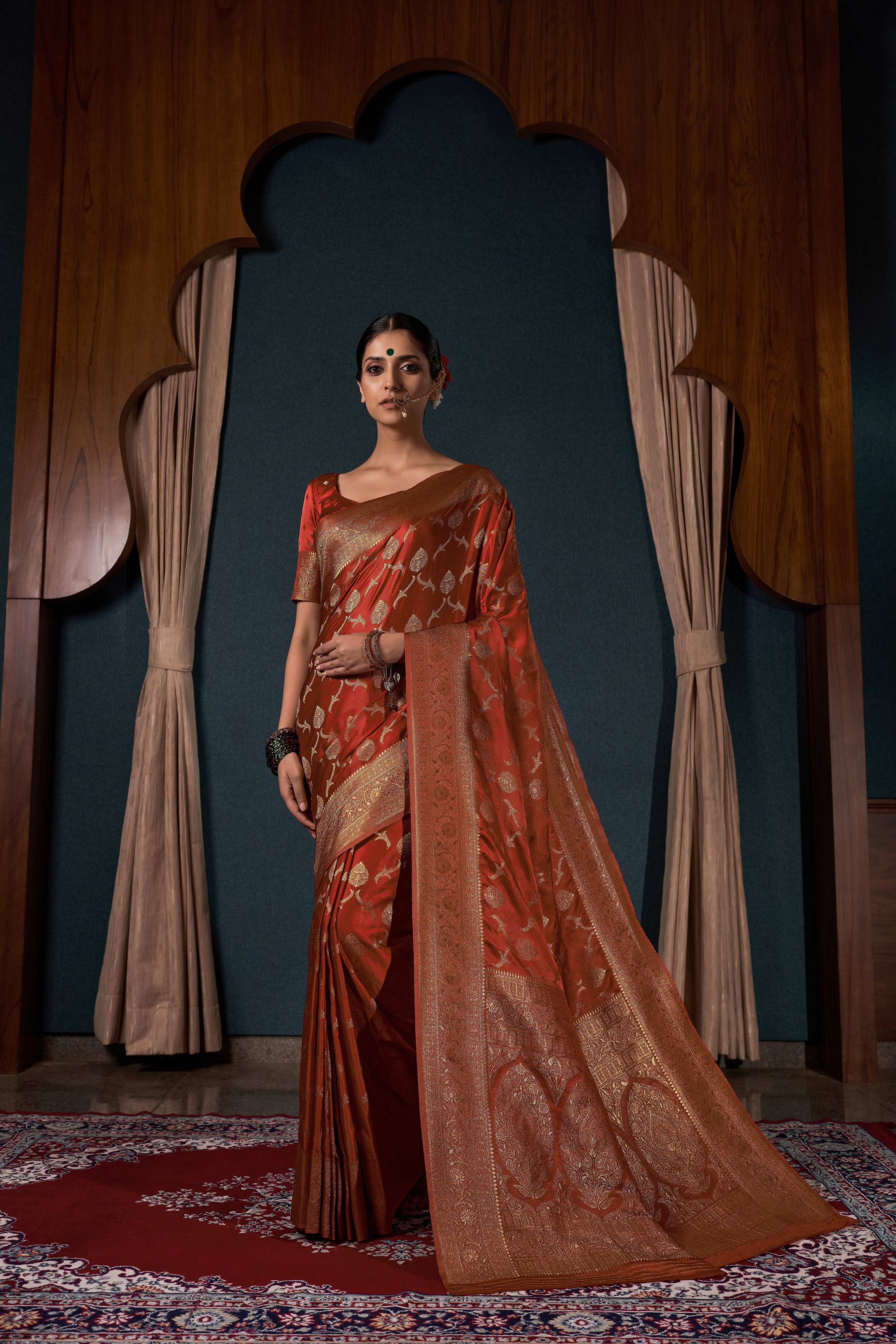 Rust Orange Banarasi Satin Silk - Image 4