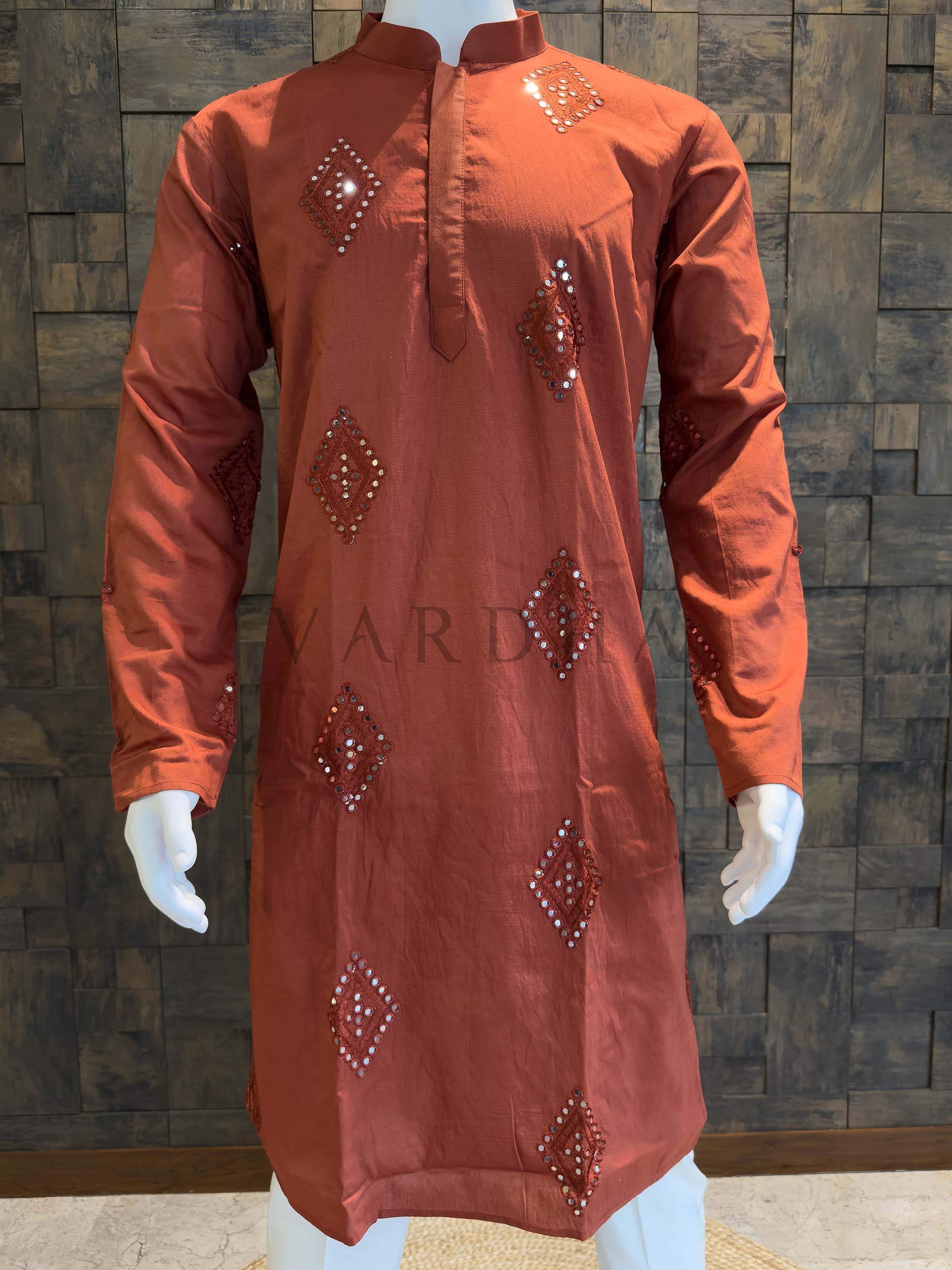 Rust Orange Embroidered Kurta with Mirror Work - Image 3