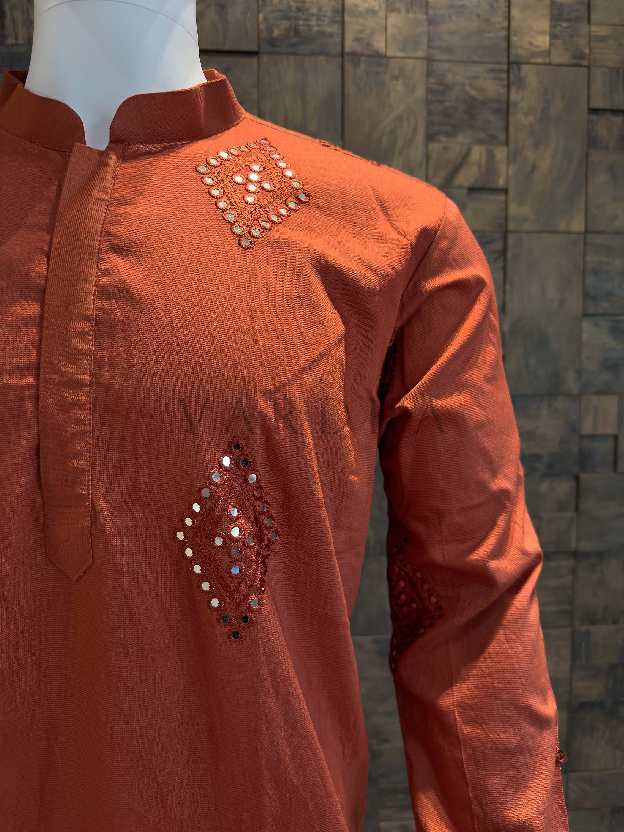 Rust Orange Embroidered Kurta with Mirror Work - Image 4