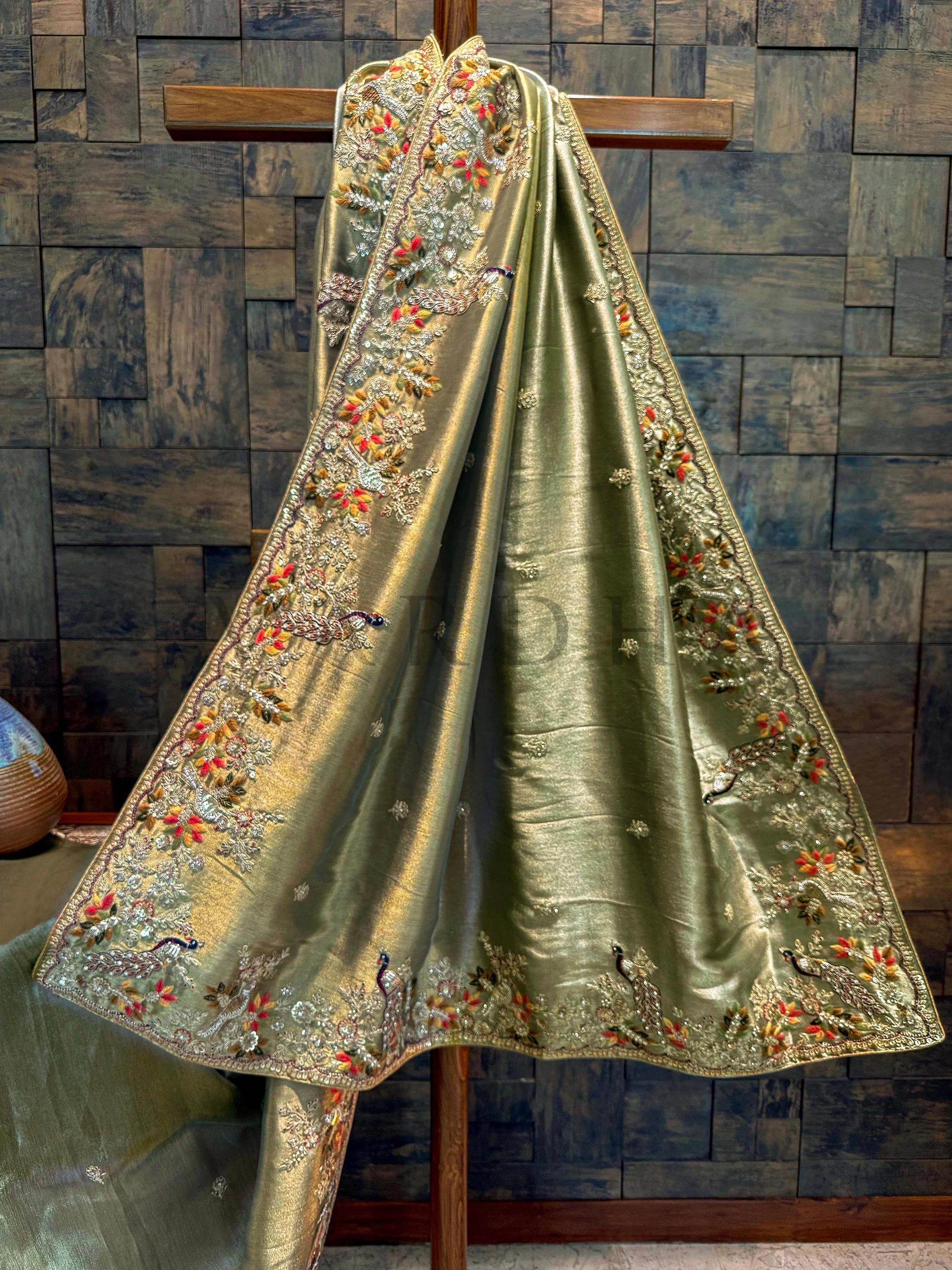 Sage Green–Gold Tissue Silk Saree with Zari Weaving & Hand Work - Image 3