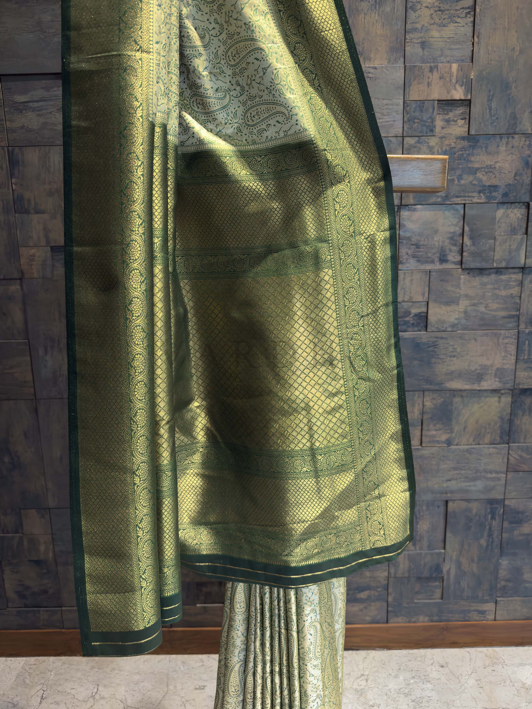 Sage Green Tanchoi Satin Silk Saree with Zari Work - Image 3
