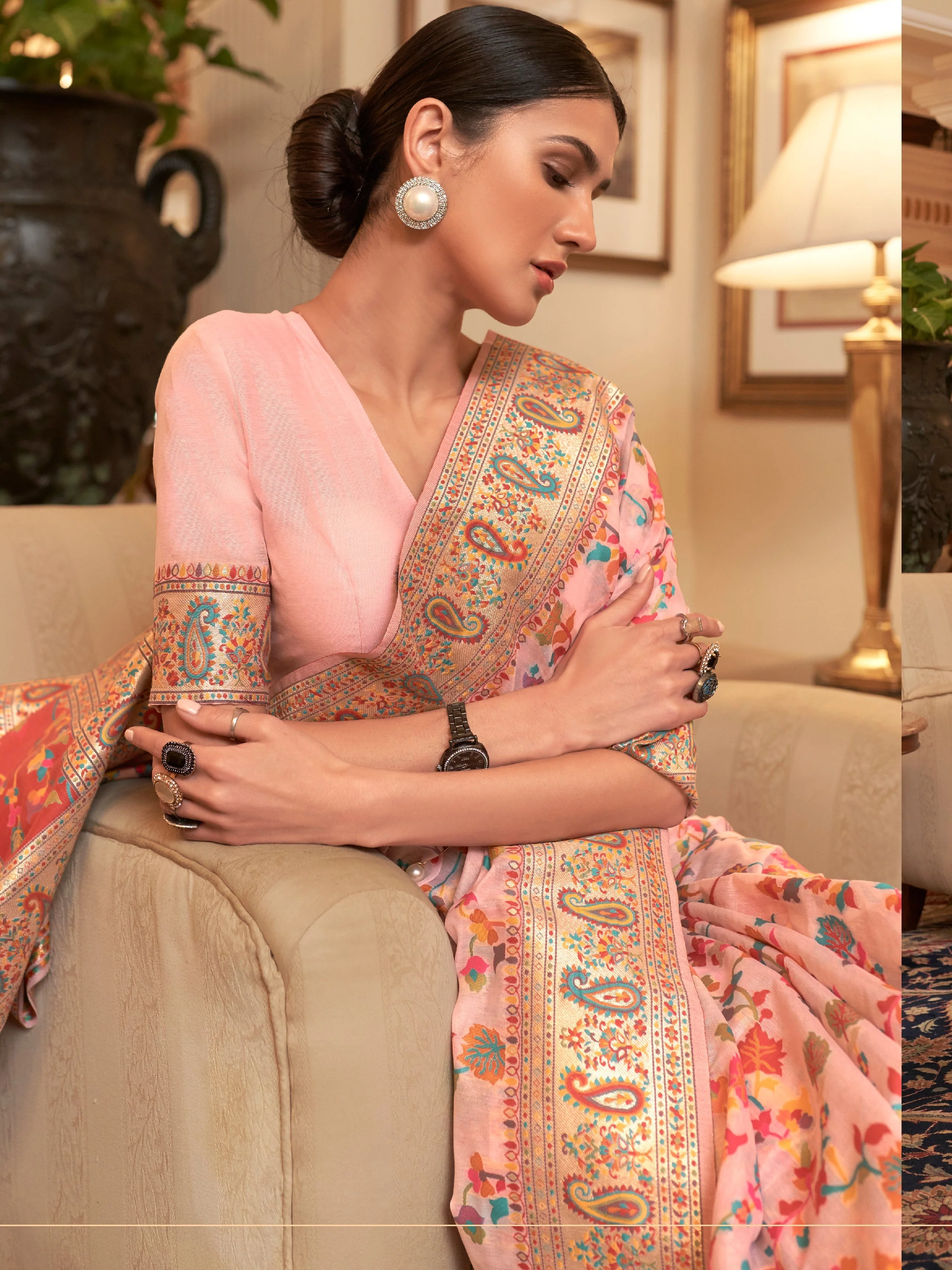 Salmon Red Pashmina Linen Saree - Image 2