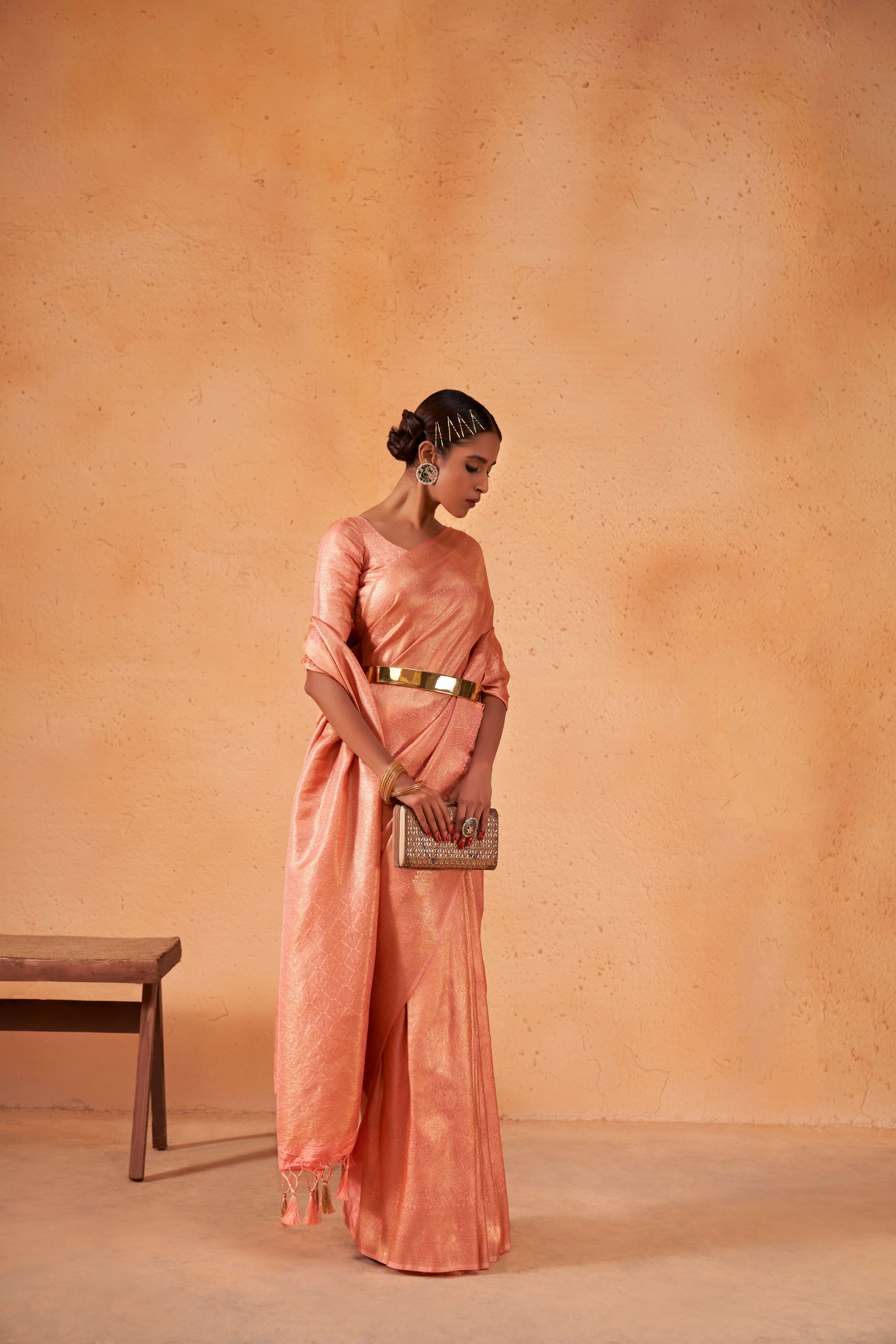 Salmon Orange Gold Zari Kanjivaram Silk Saree - Image 4