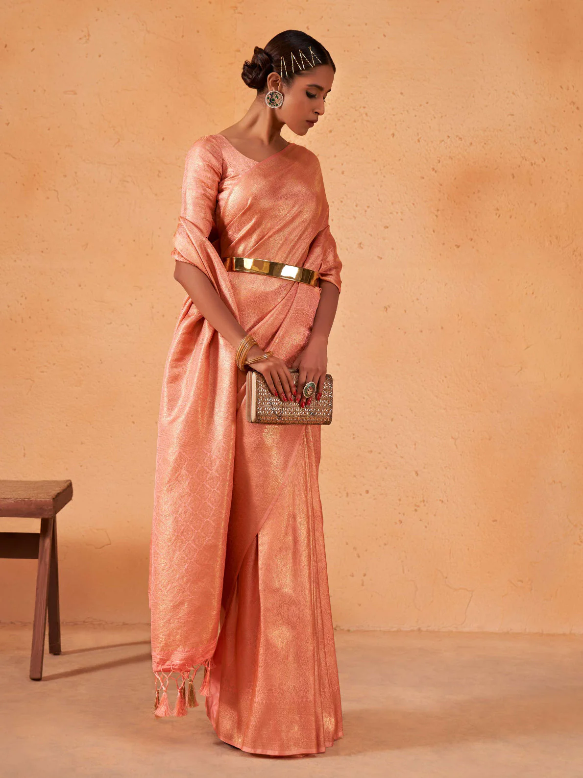 Salmon Orange Gold Zari Kanjivaram Silk Saree - Image 5