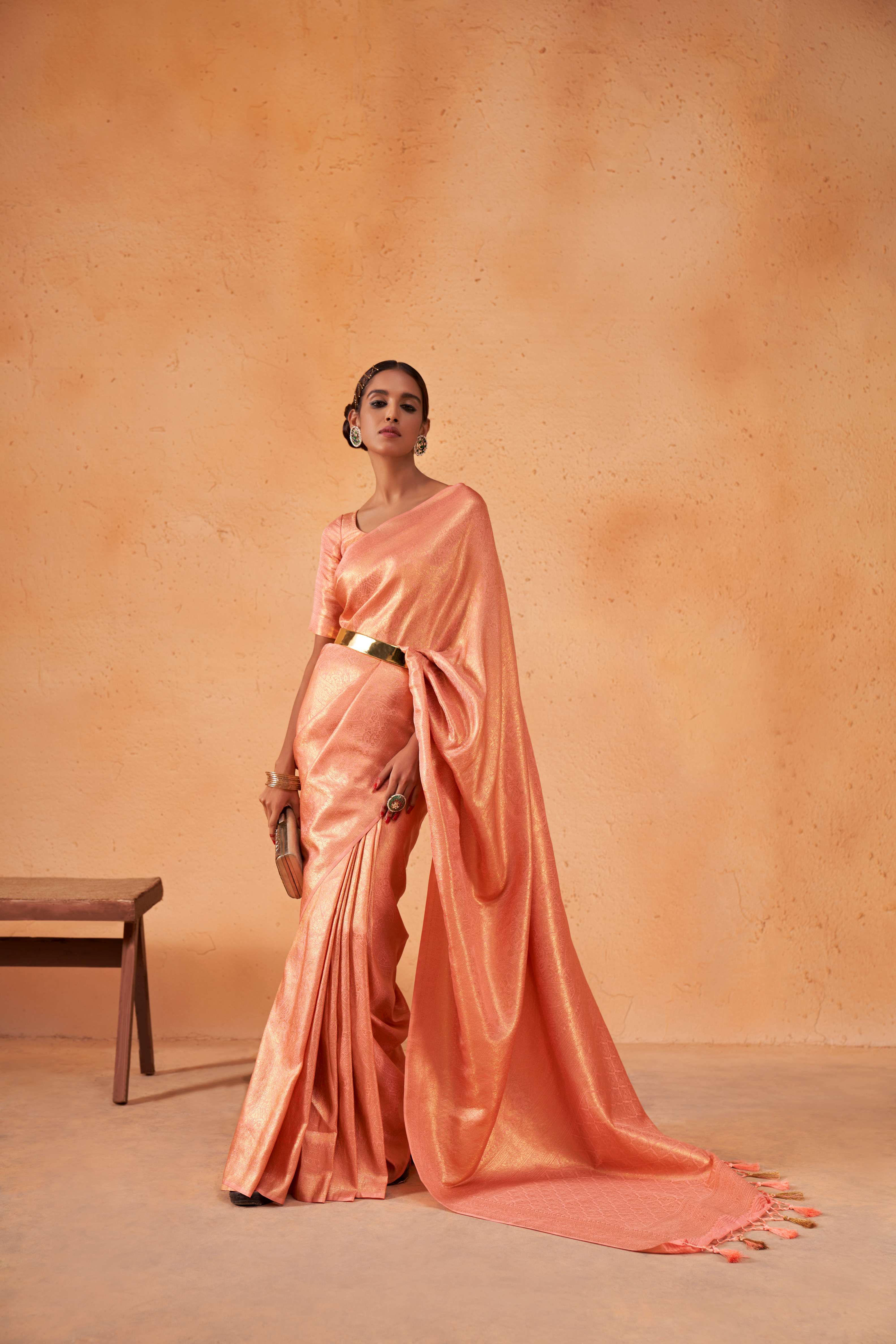 Salmon Orange Gold Zari Kanjivaram Silk Saree - Image 6