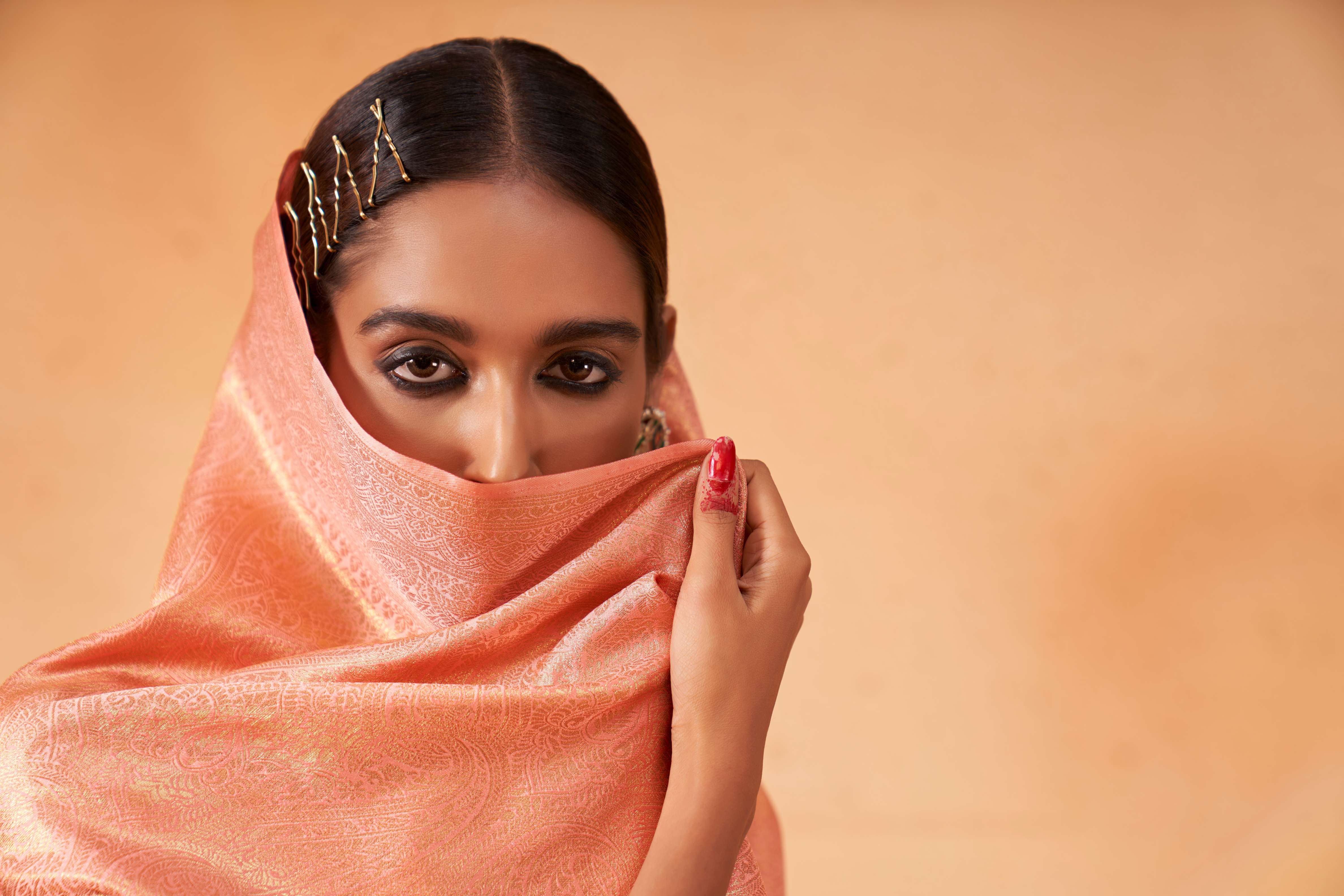 Salmon Orange Gold Zari Kanjivaram Silk Saree - Image 7