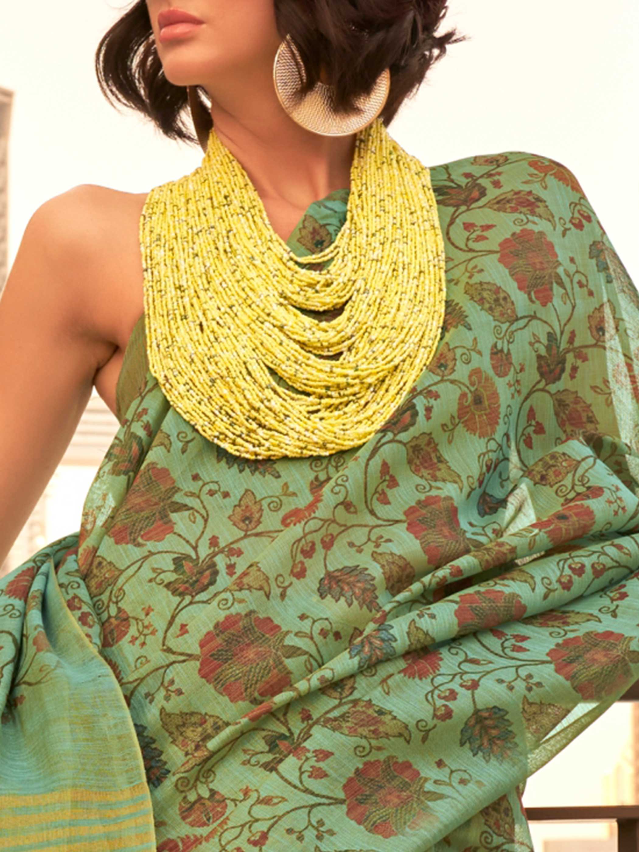 Sea Green-Golden Saree in Handwoven Zari Tissue Featuring Floral Print - Image 4