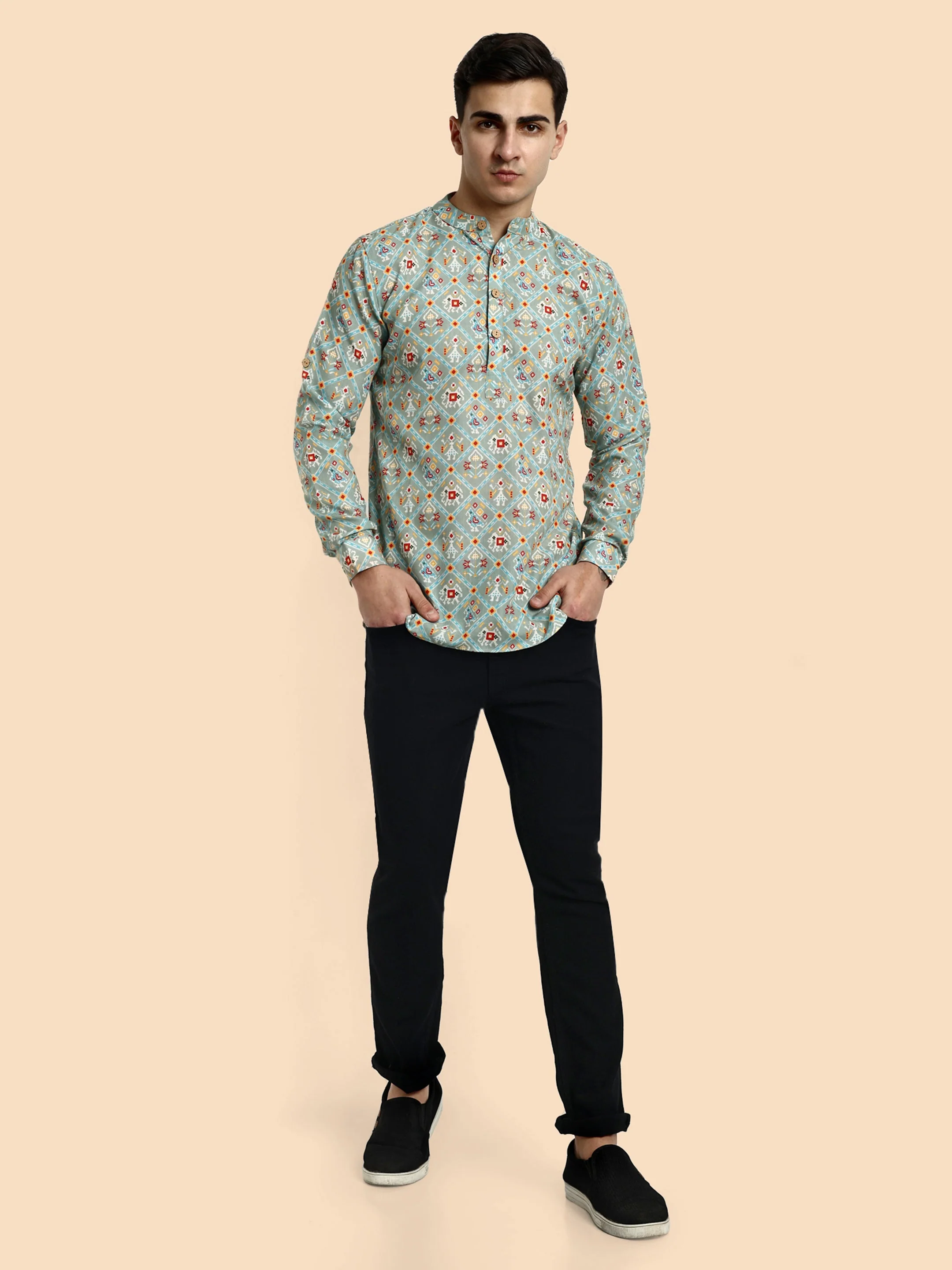 Sea Green Printed Men's Short Kurta - Image 3