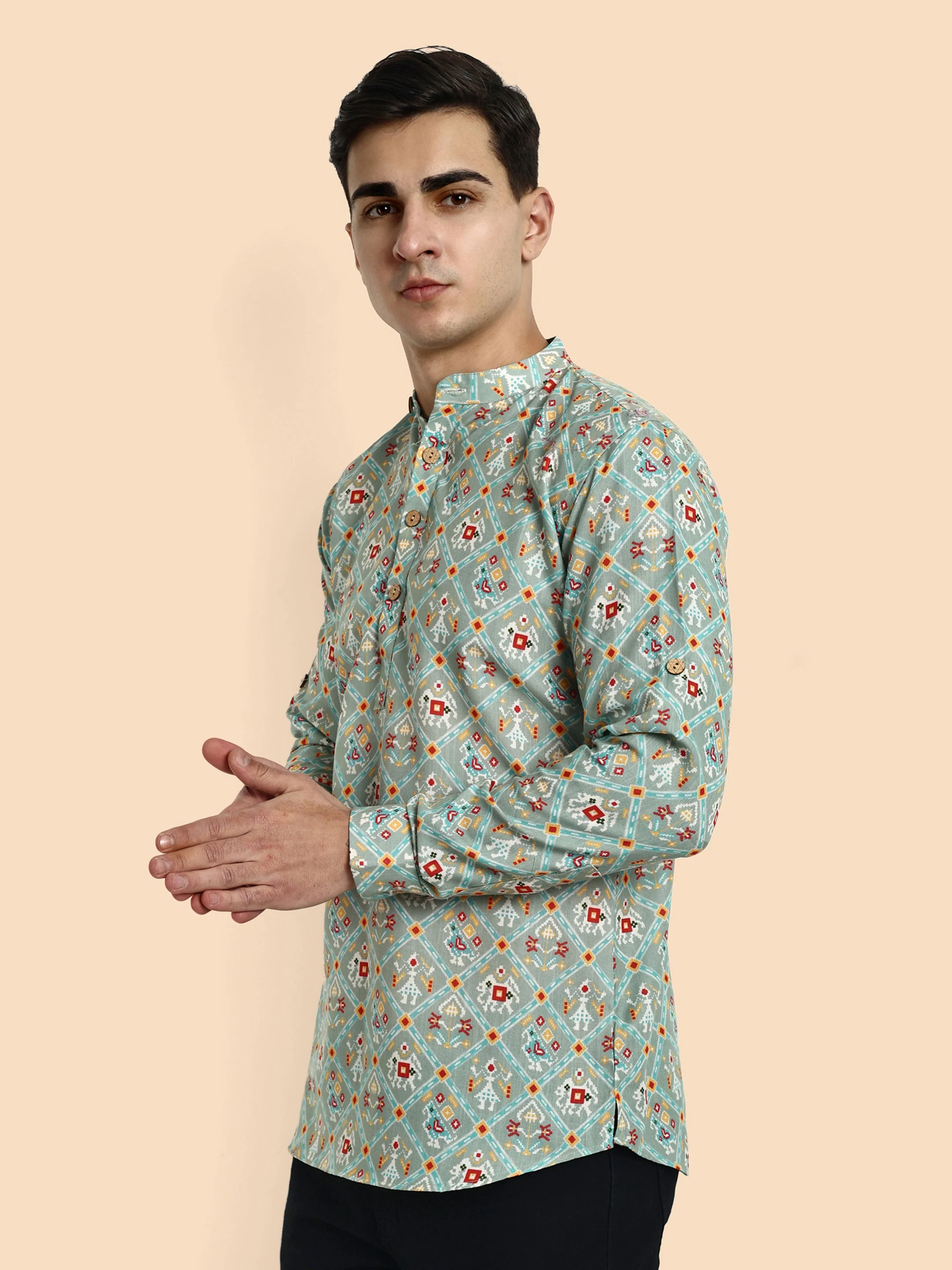 Sea Green Printed Men's Short Kurta - Image 4