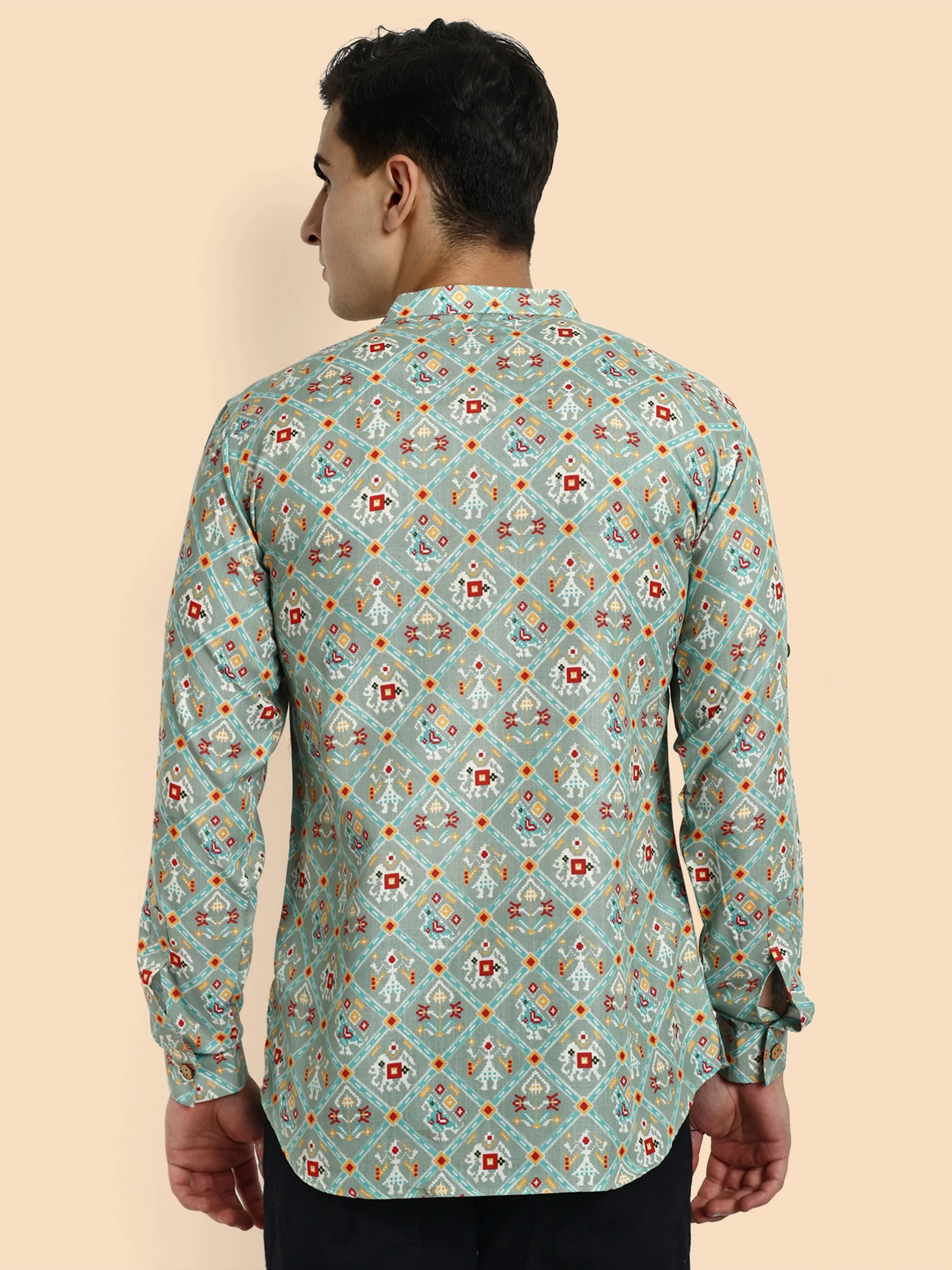 Sea Green Printed Men's Short Kurta - Image 5