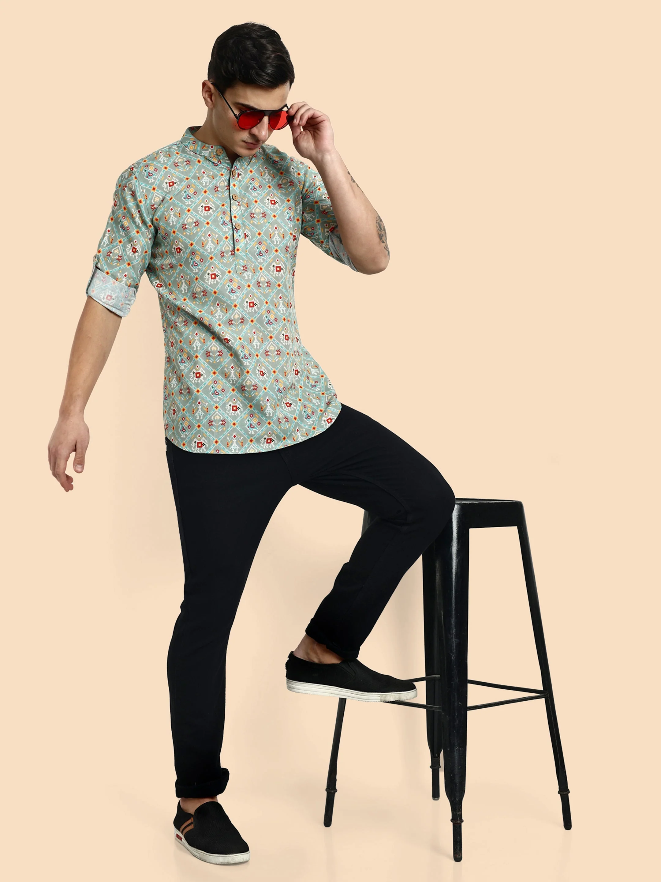 Sea Green Printed Men's Short Kurta - Image 6