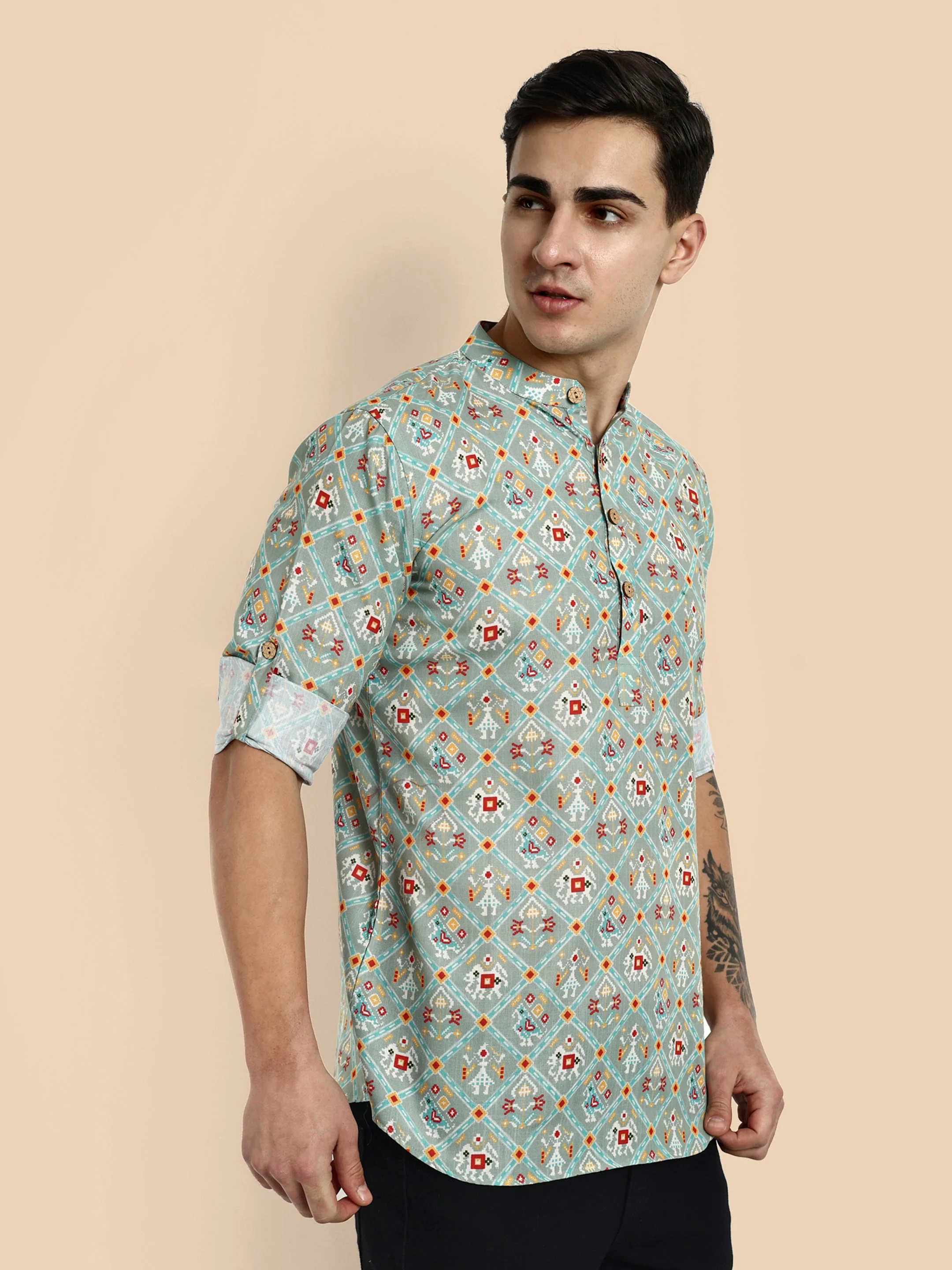 Sea Green Printed Men's Short Kurta - Image 7