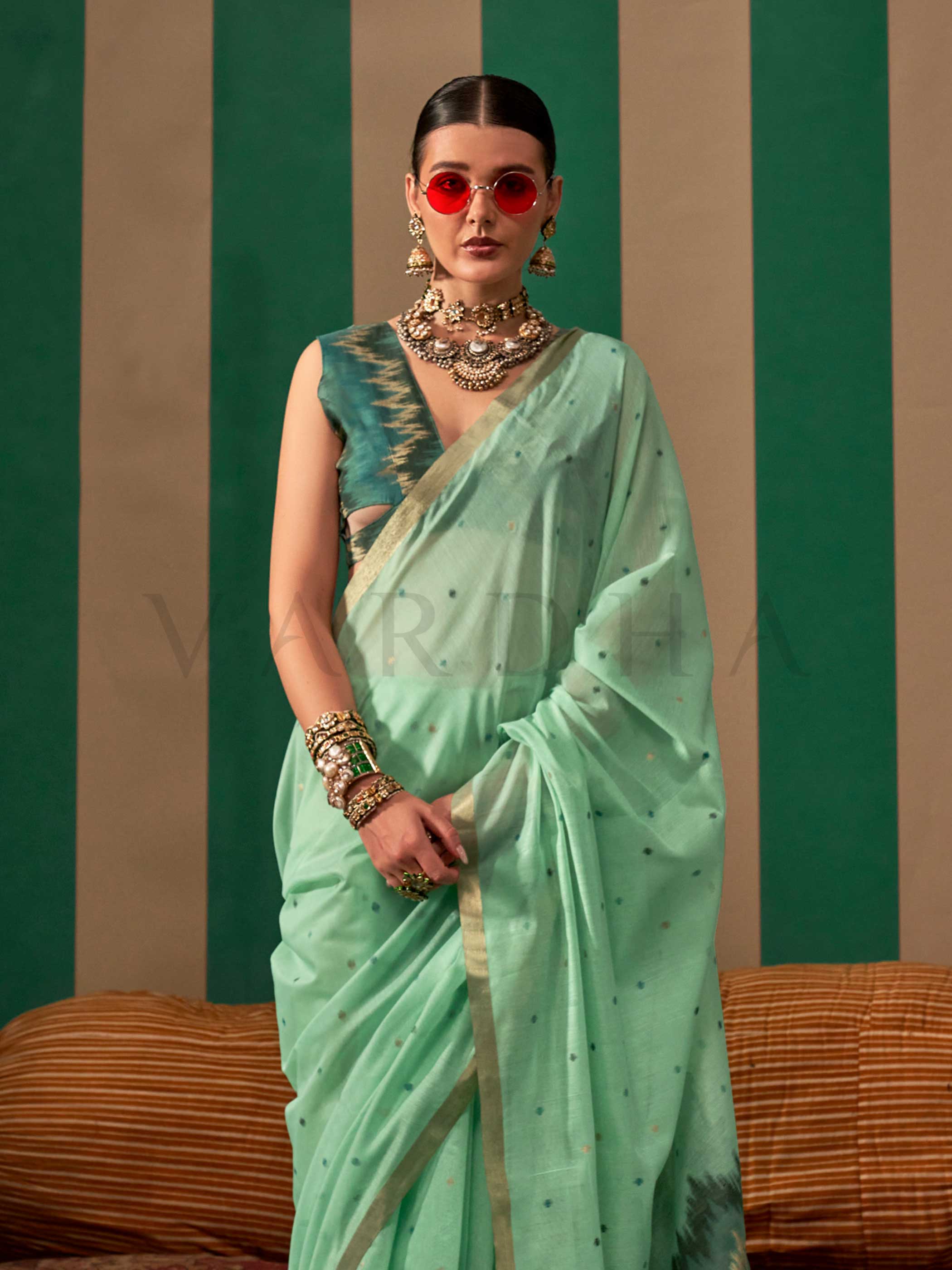 Seafoam Green Woven Cotton Spun Saree - Image 2
