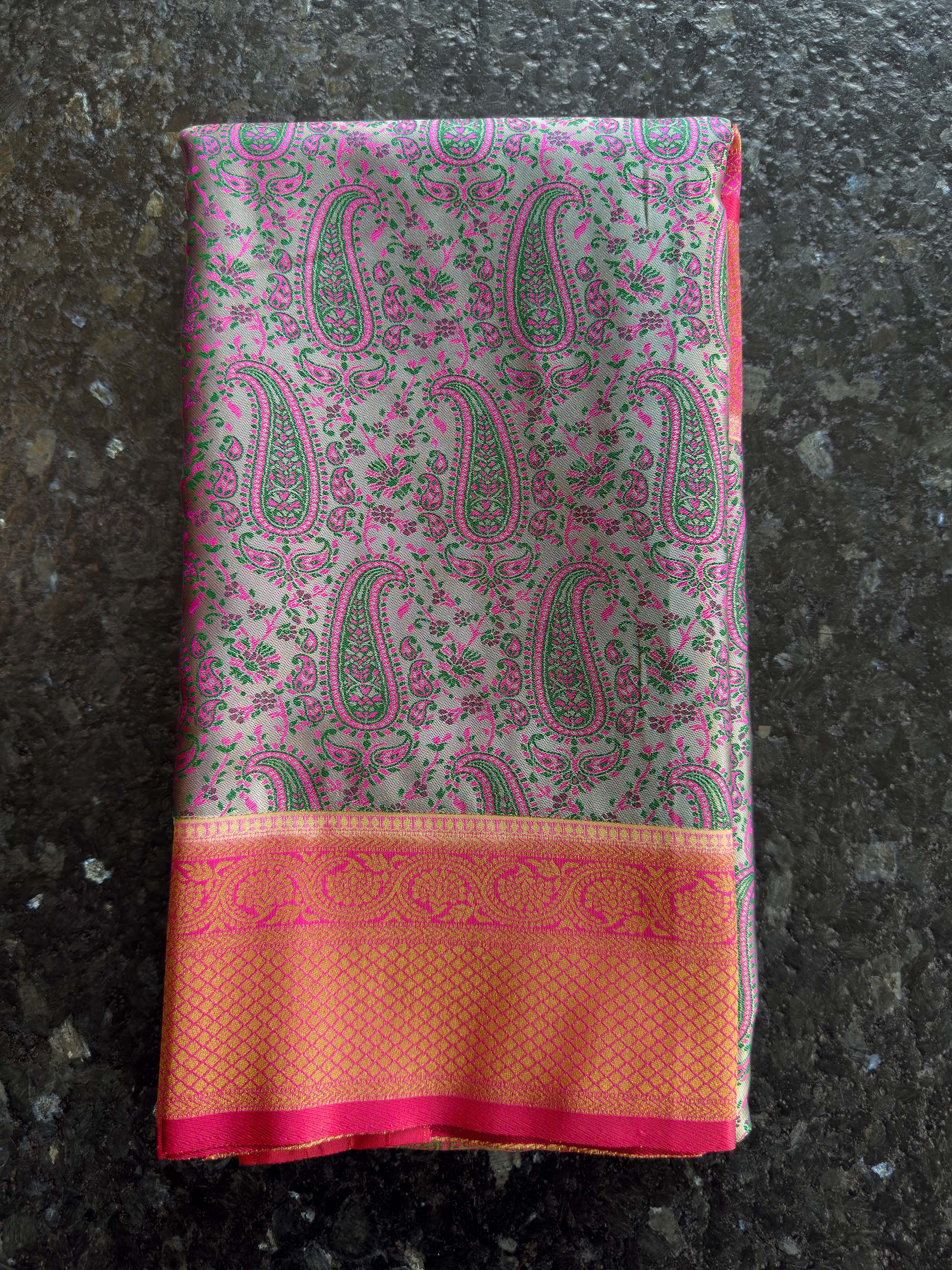 Grey Tanchoi Silk Saree with Multicolor Paisley Weave - Image 5