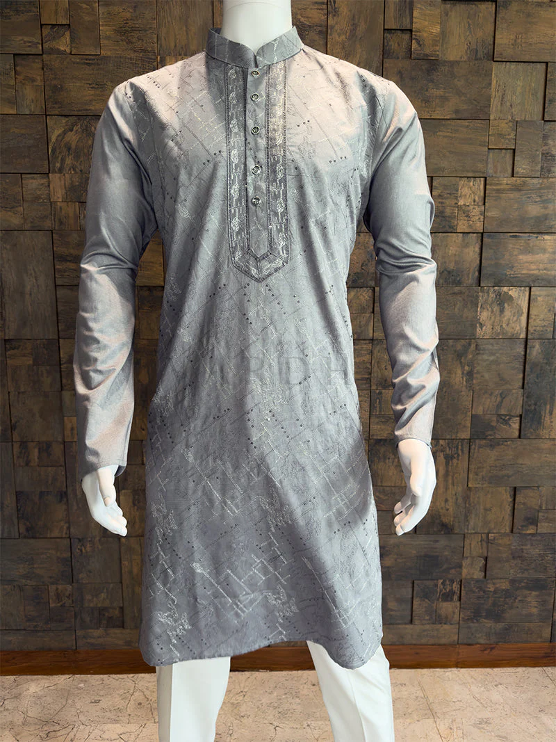 Silver Grey Viscose Kurta with Abstract Black Thread & Sequin Embroidery - Image 3