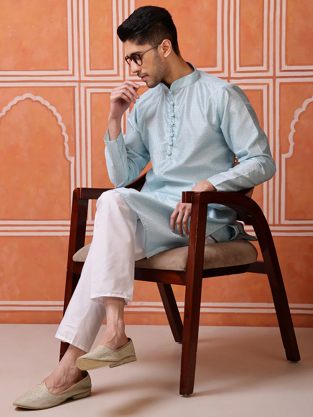 Sky Blue Jacquard Kurta with Textured Pattern - Image 8