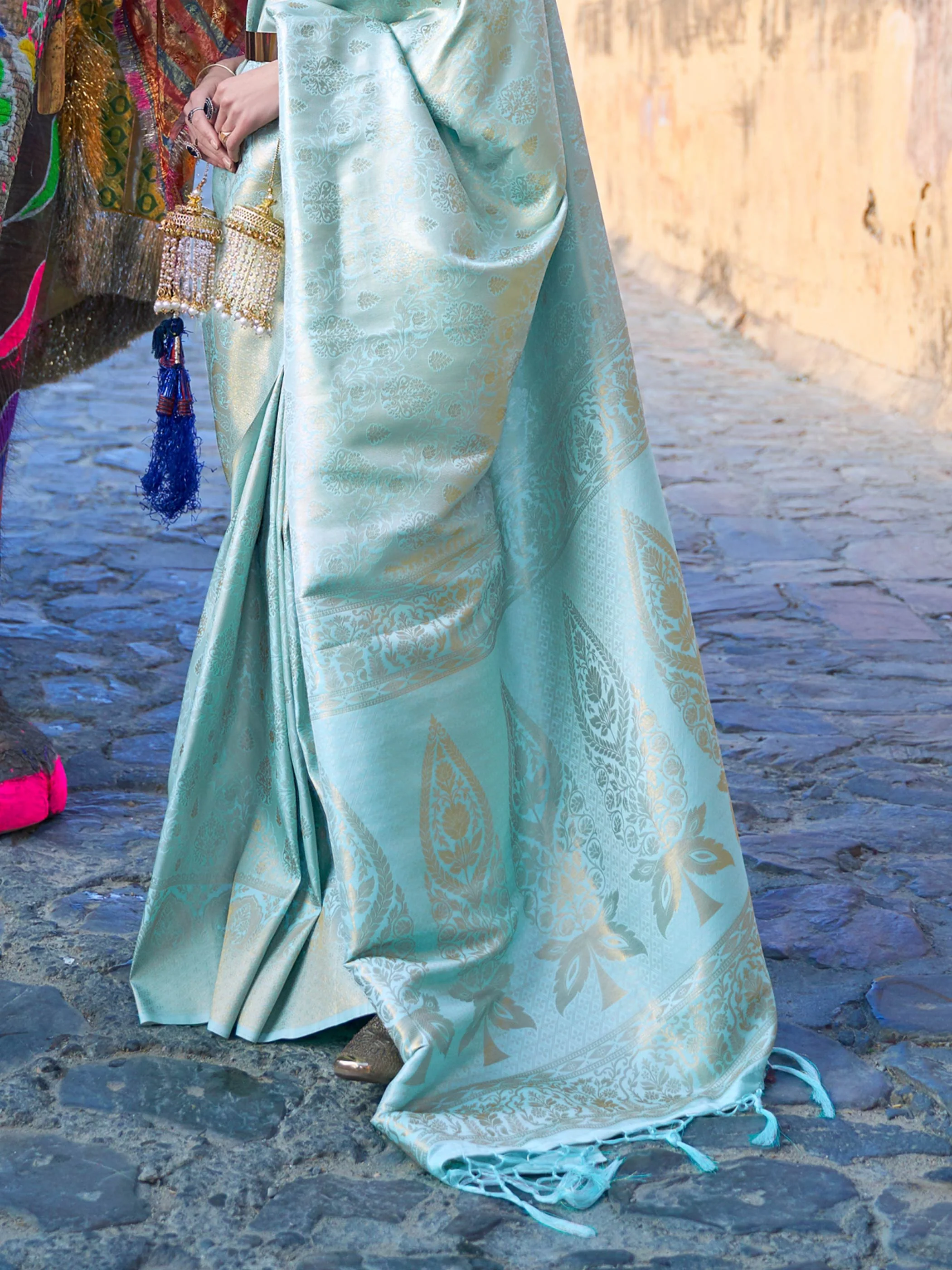 Sky Blue Kanjivaram Silk Saree with Woven Zari Work - Image 3