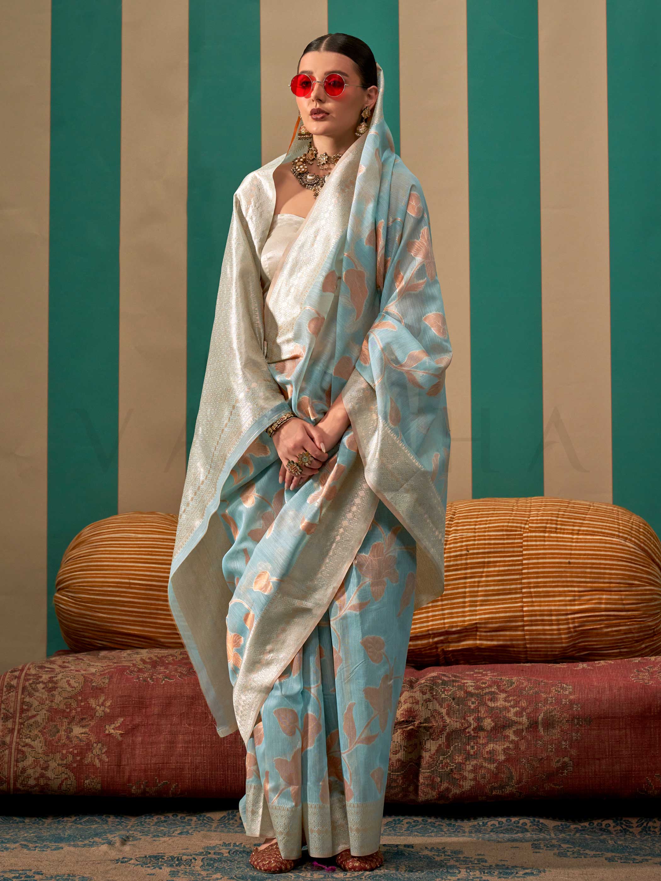 Sky Blue Saree in Linen Cotton - Image 5