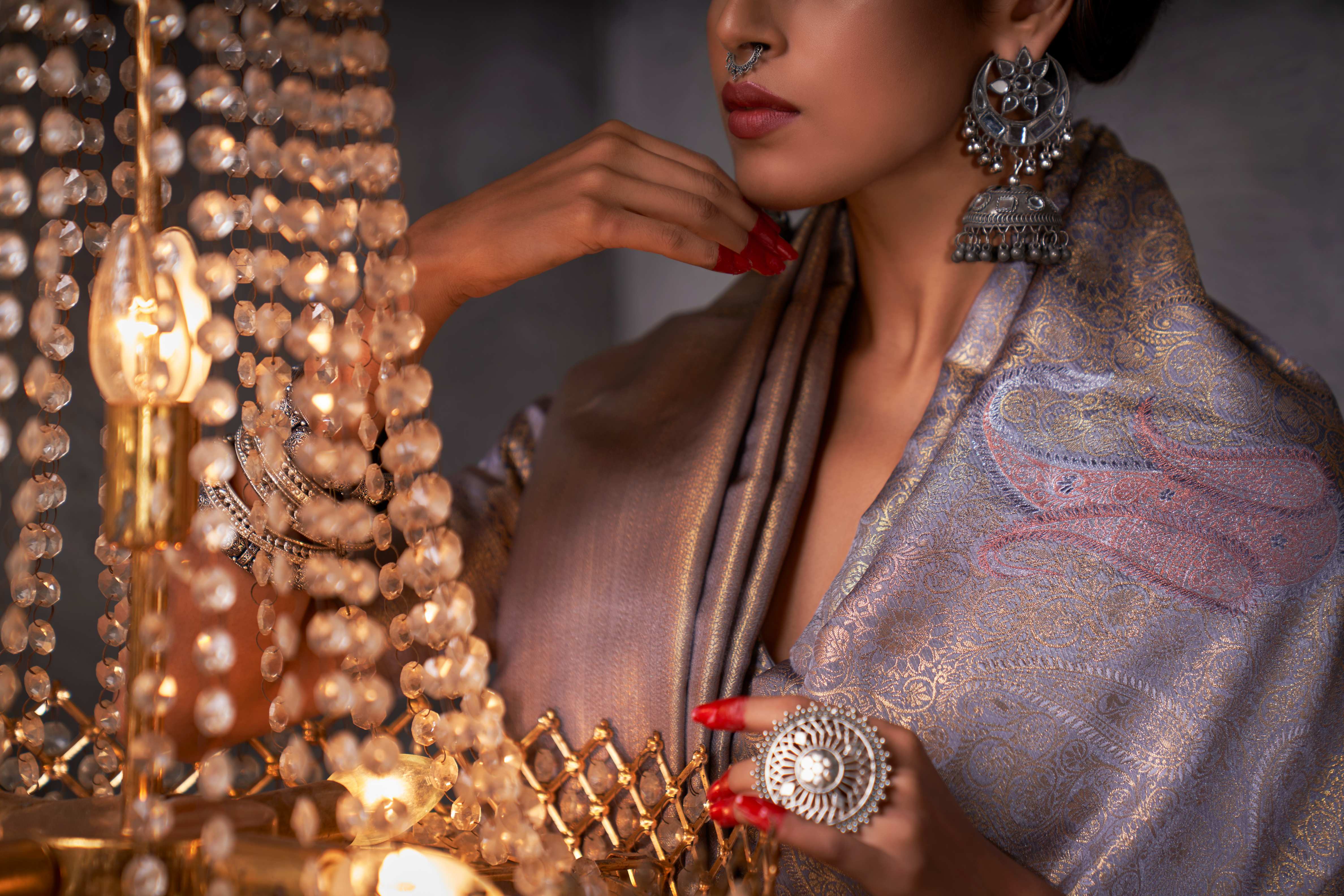 Slate Grey Gold with Copper Silver Zari Kanjivaram Silk Saree - Image 3