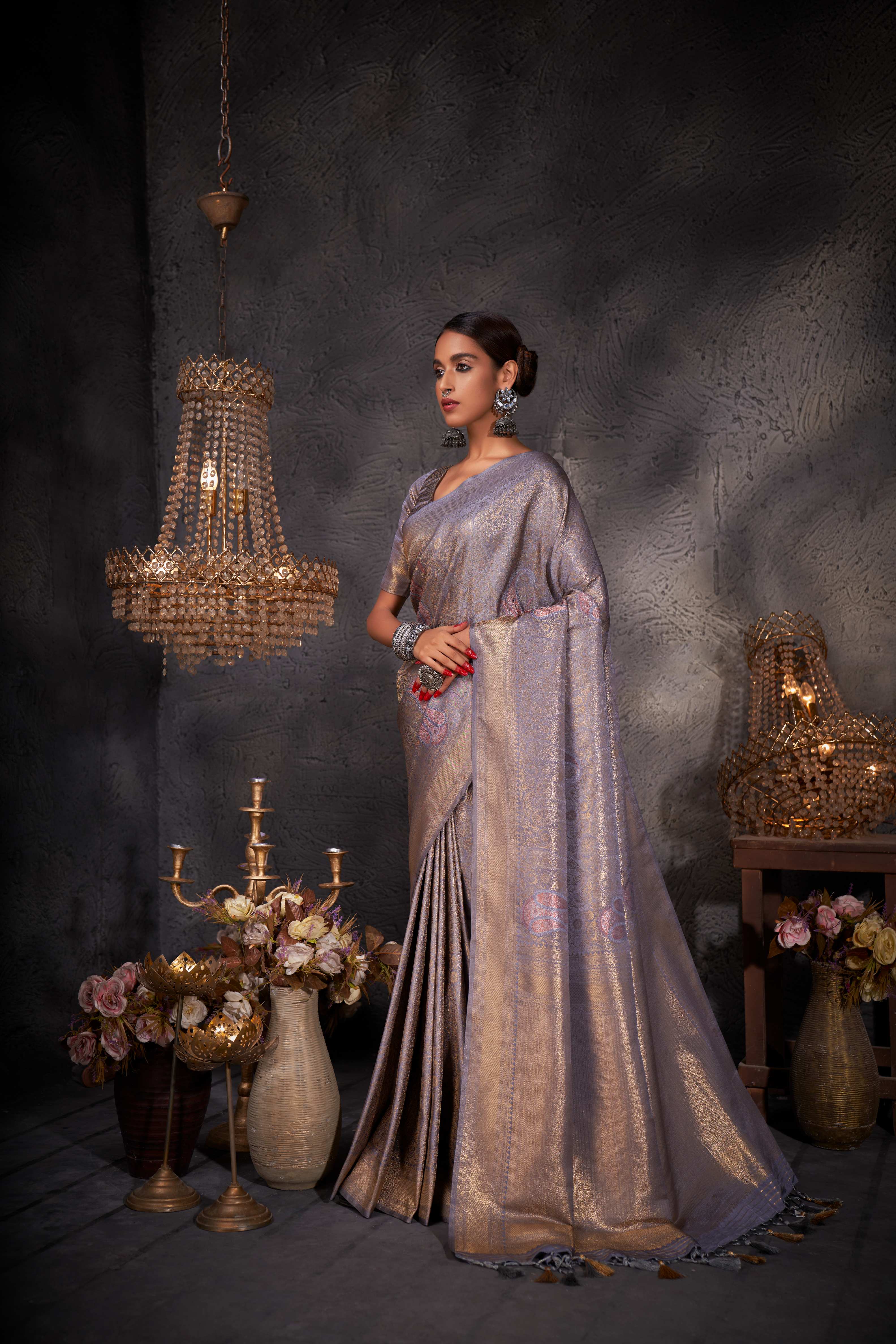 Slate Grey Gold with Copper Silver Zari Kanjivaram Silk Saree - Image 4