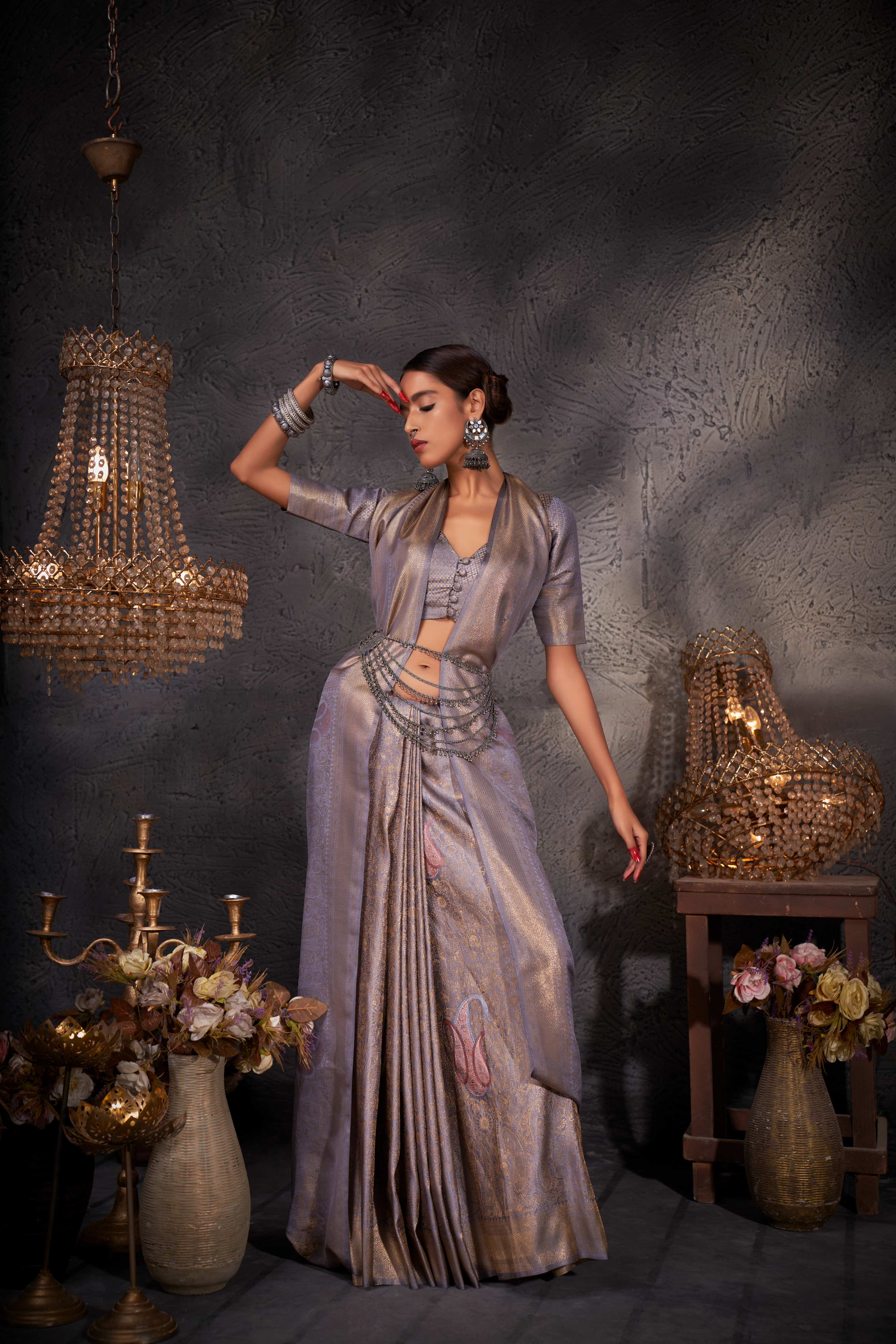 Slate Grey Gold with Copper Silver Zari Kanjivaram Silk Saree - Image 5