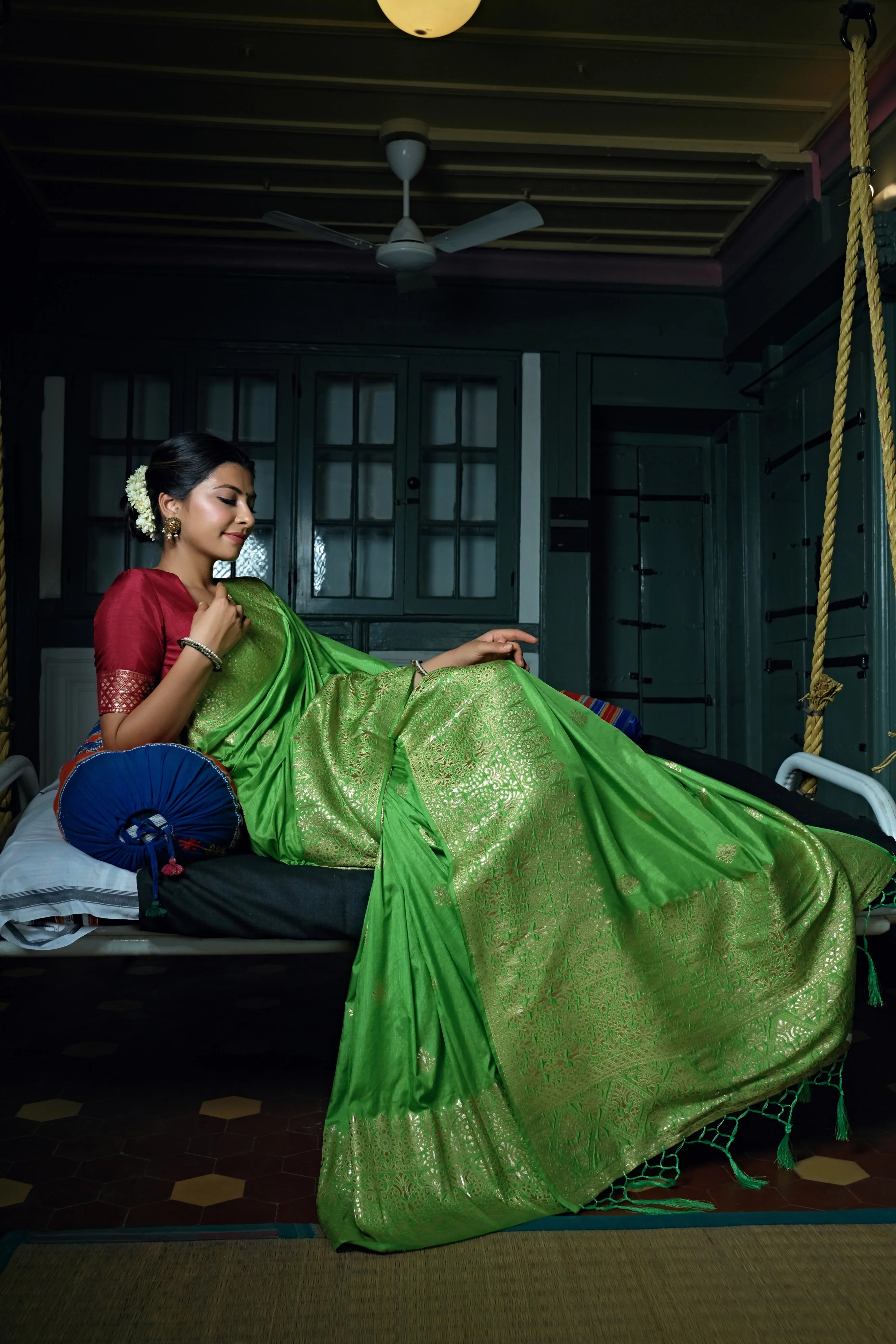 Slime Green Golden Zari Banarasi Silk Saree - Image 3