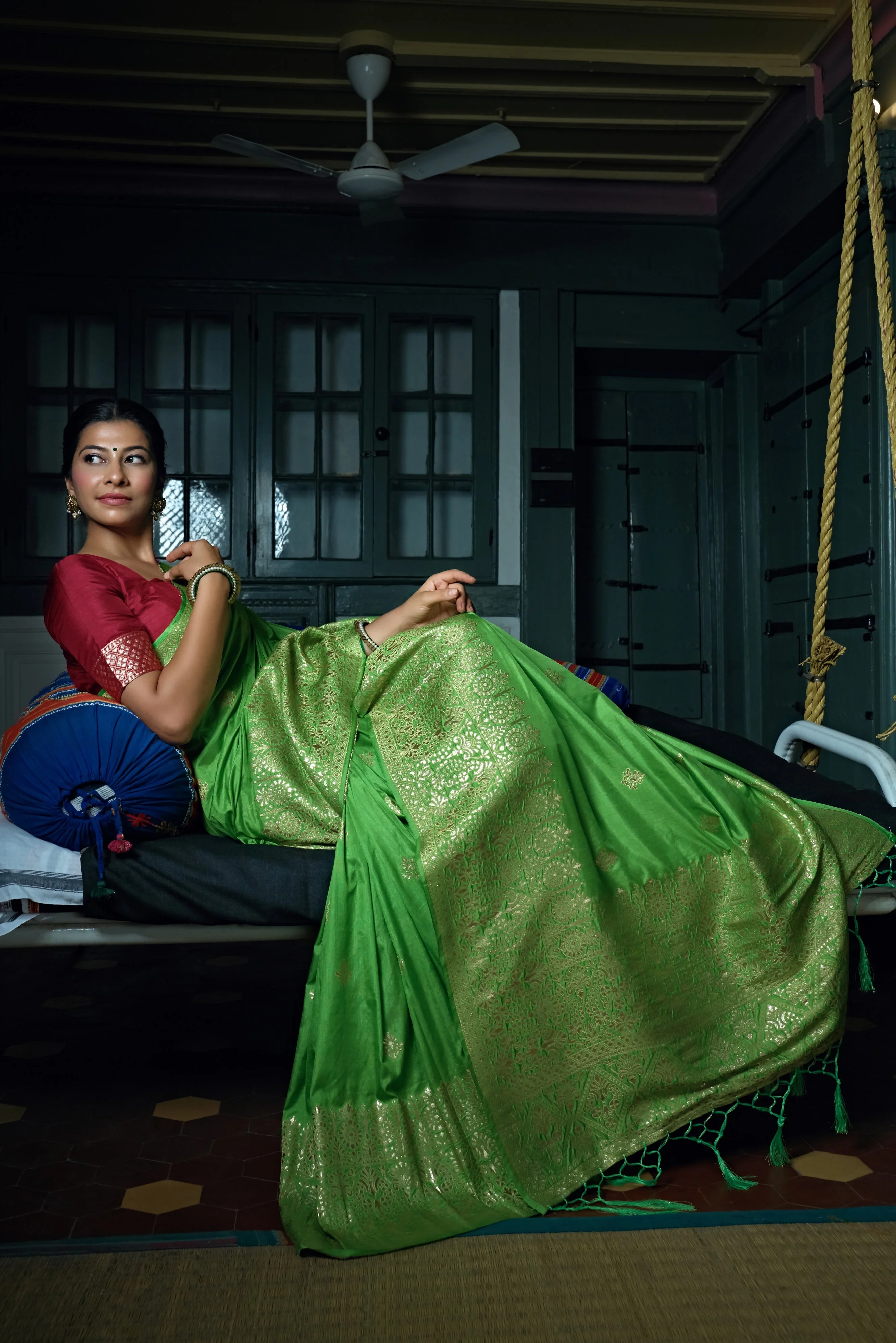 Slime Green Golden Zari Banarasi Silk Saree - Image 4