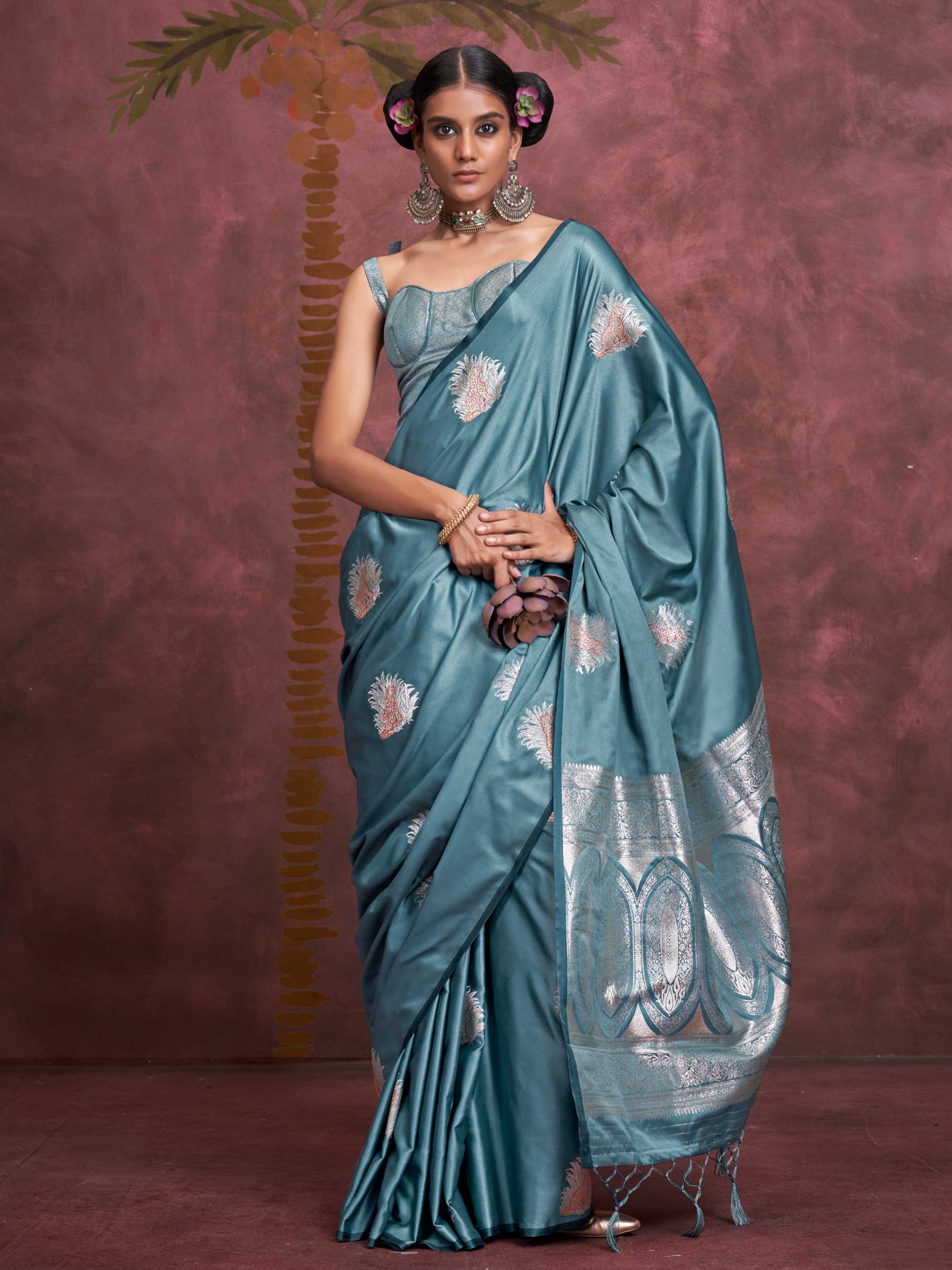 Steel Blue Satin Silk Saree with Woven Zari Work