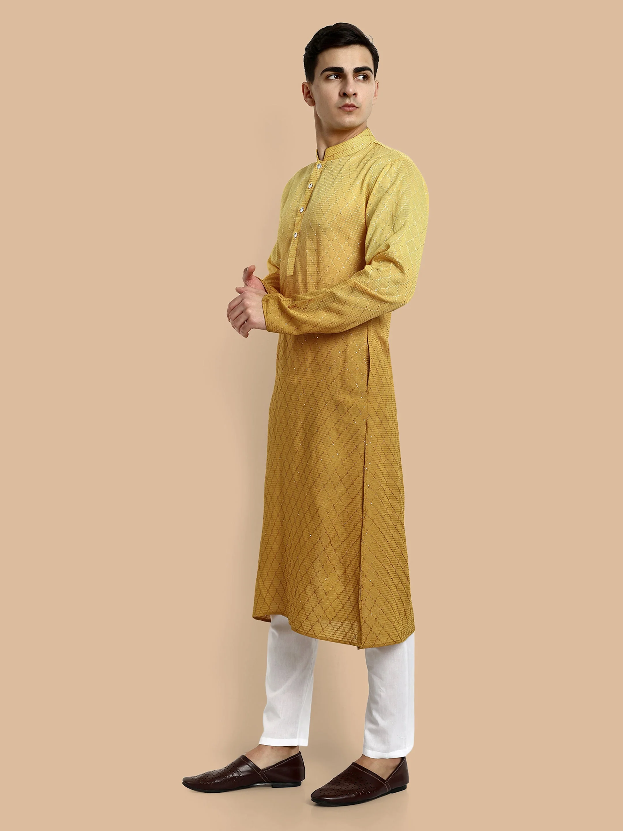 Sunlit Yellow Cotton Kurta with Chikankari & Sequin Work - Image 3