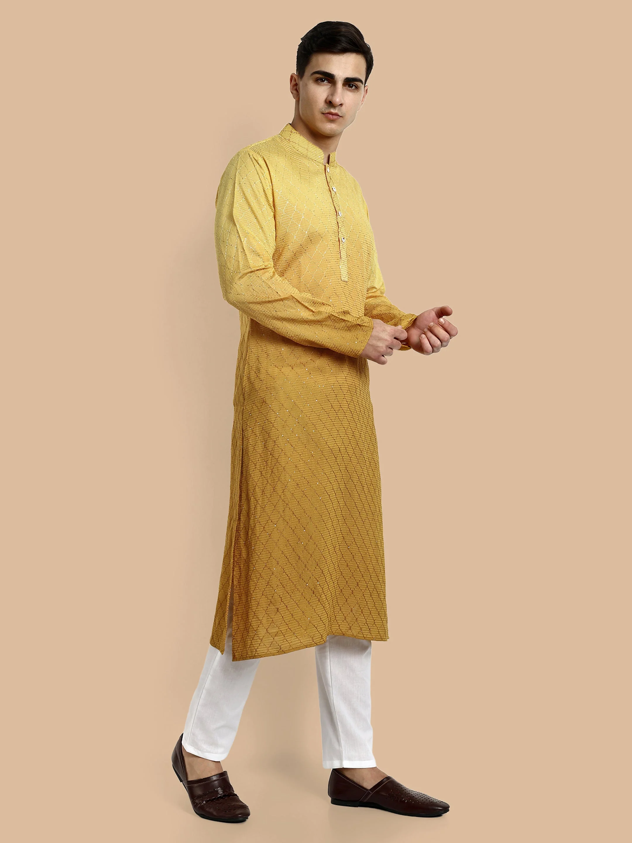 Sunlit Yellow Cotton Kurta with Chikankari & Sequin Work - Image 4