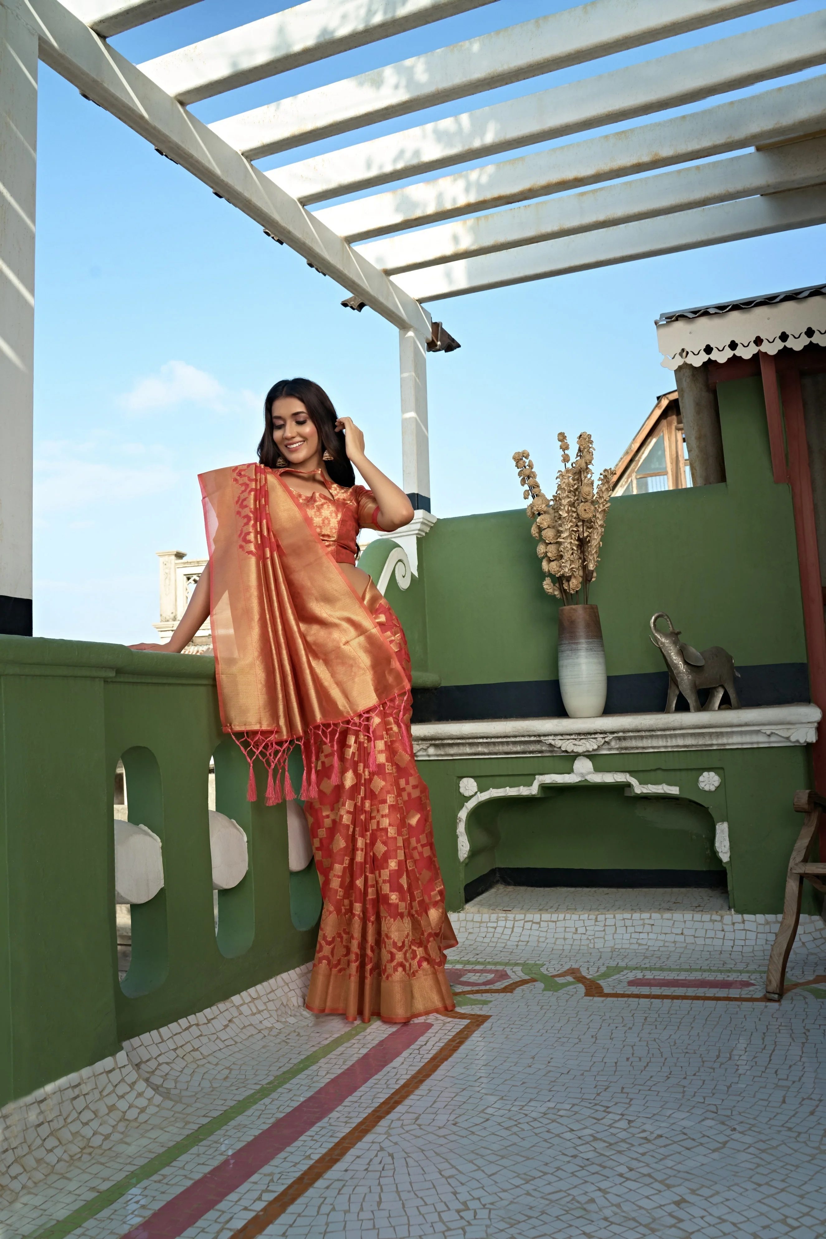 Tangerine Orange Golden Zari Banarasi Organza Saree - Image 3