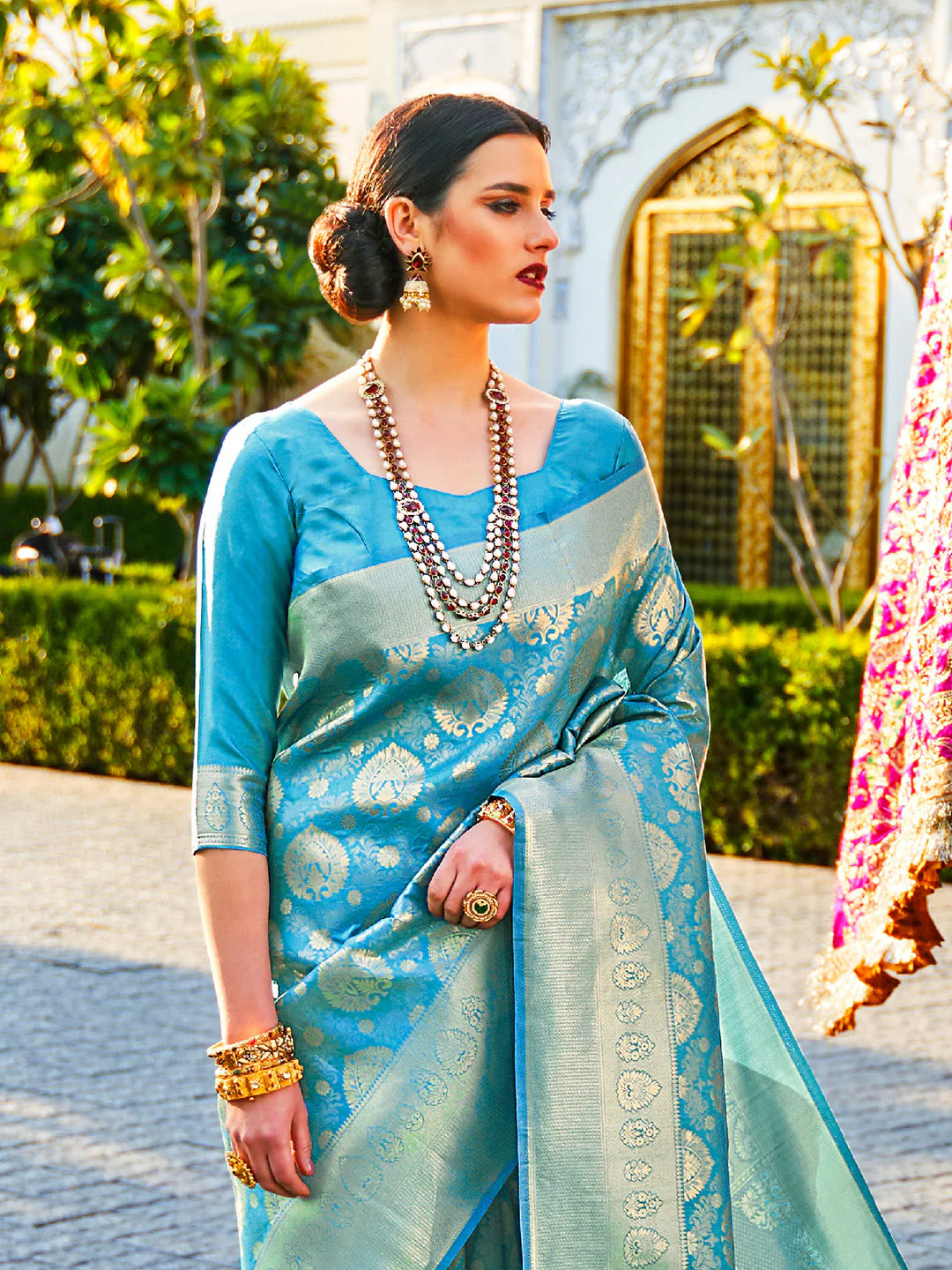 Teal Blue Kanjivaram Silk Saree with Woven Zari Work - Image 2